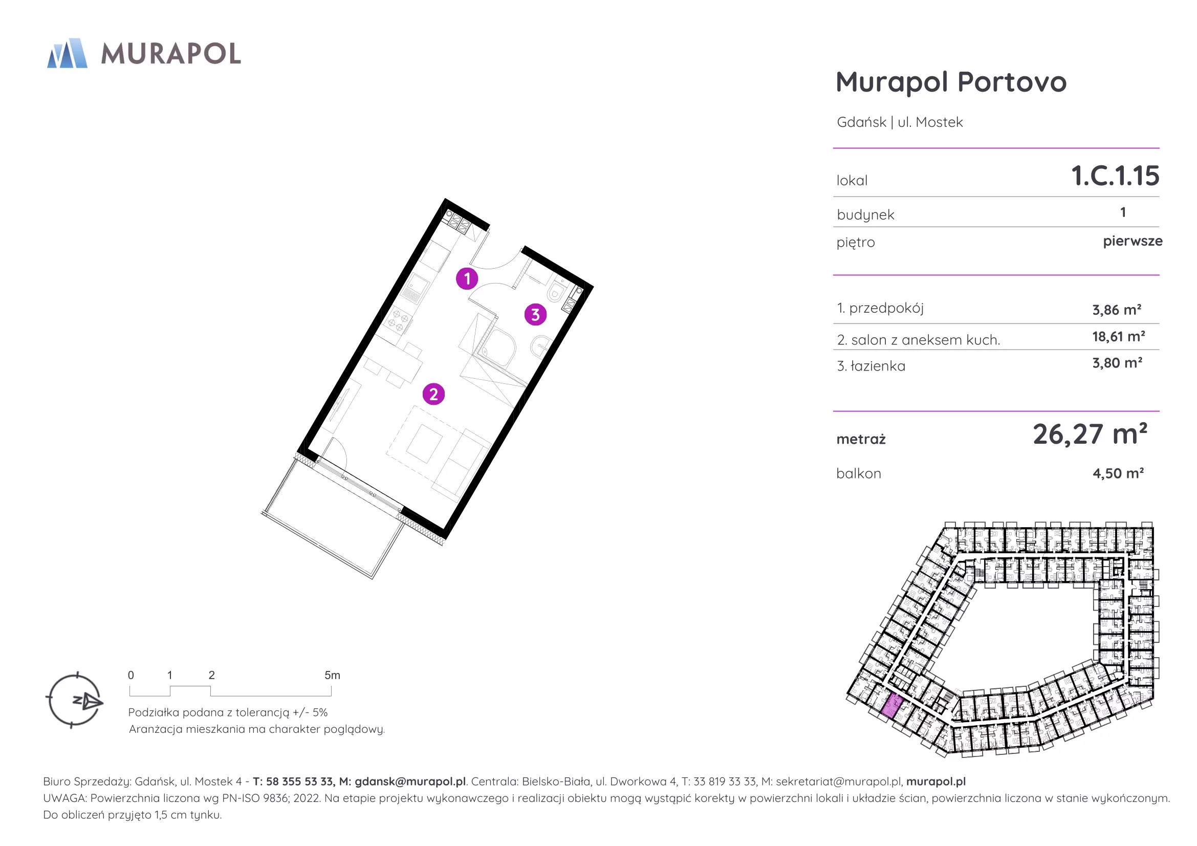 Mieszkanie 26,27 m², piętro 1, oferta nr 1.C.1.15, Murapol Portovo, Gdańsk, Śródmieście, ul. Mostek