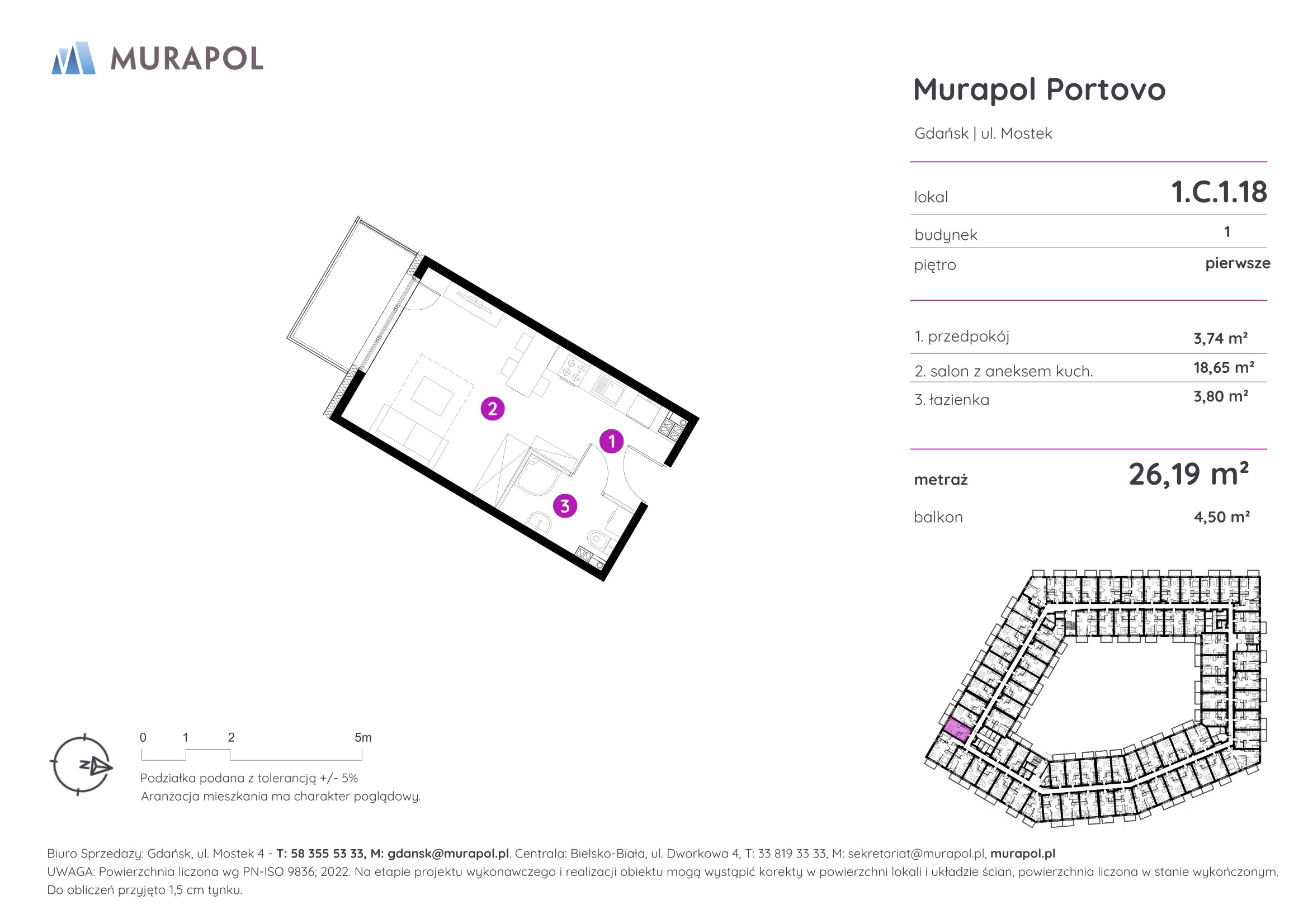 Mieszkanie 26,19 m², piętro 1, oferta nr 1.C.1.18, Murapol Portovo, Gdańsk, Śródmieście, ul. Mostek