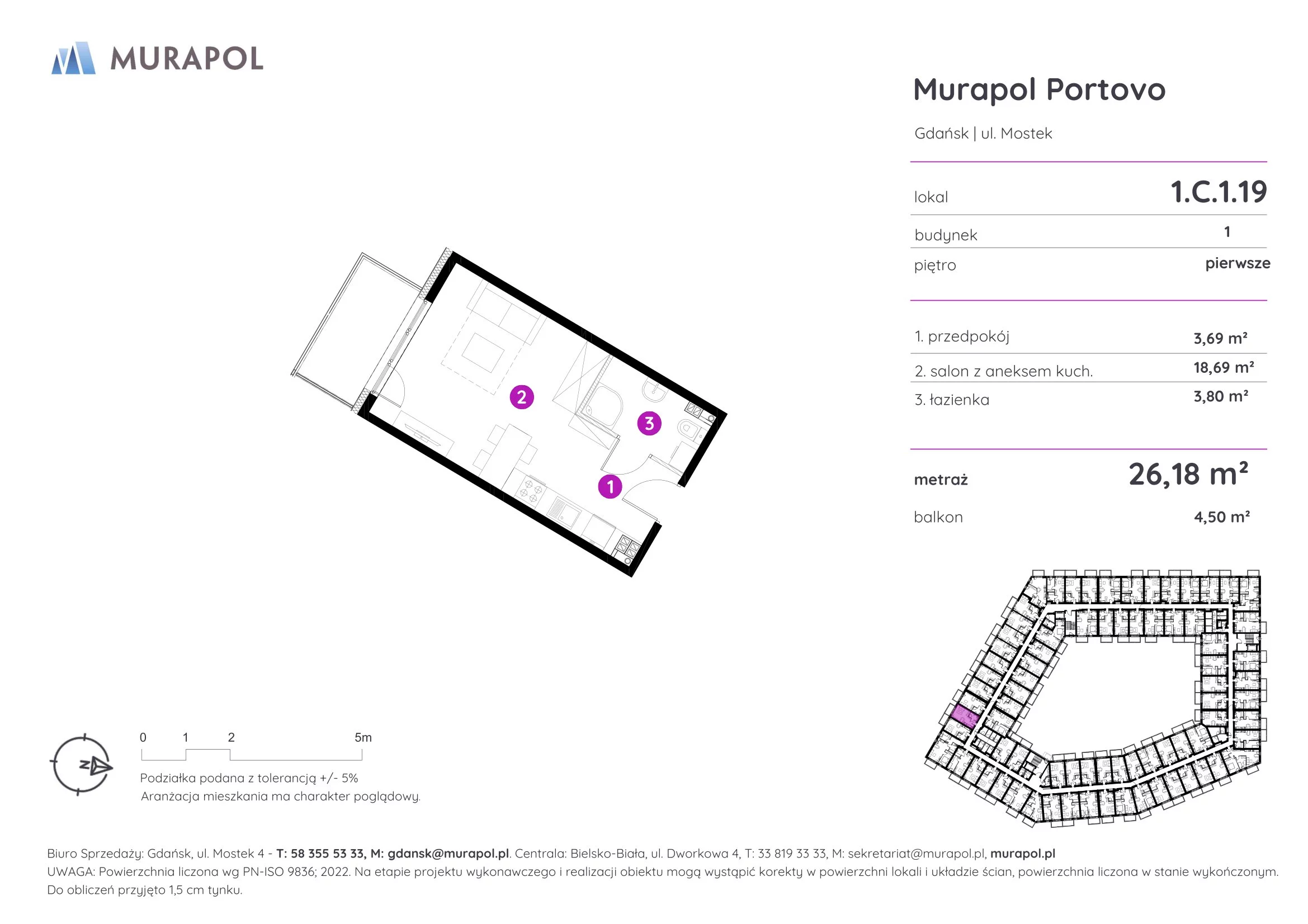 Mieszkanie 26,18 m², piętro 1, oferta nr 1.C.1.19, Murapol Portovo, Gdańsk, Śródmieście, ul. Mostek