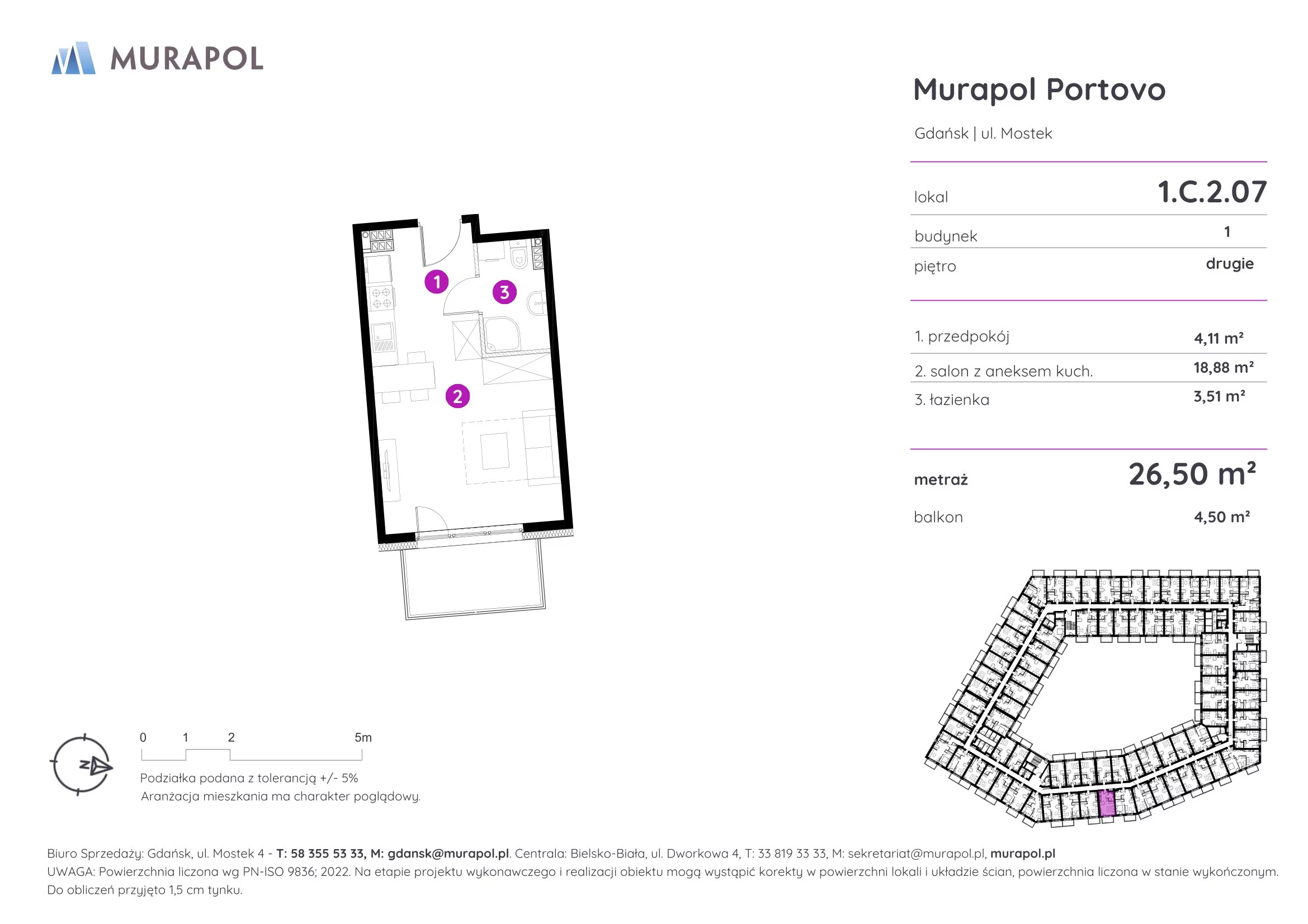 Mieszkanie 26,50 m², piętro 2, oferta nr 1.C.2.07, Murapol Portovo, Gdańsk, Śródmieście, ul. Mostek