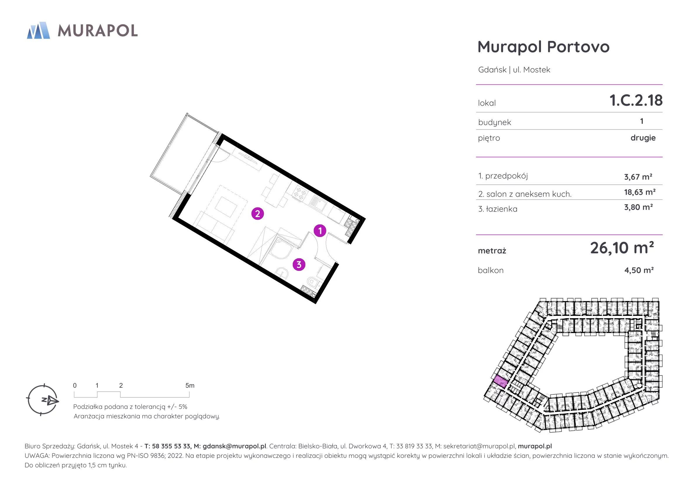 Mieszkanie 26,10 m², piętro 2, oferta nr 1.C.2.18, Murapol Portovo, Gdańsk, Śródmieście, ul. Mostek