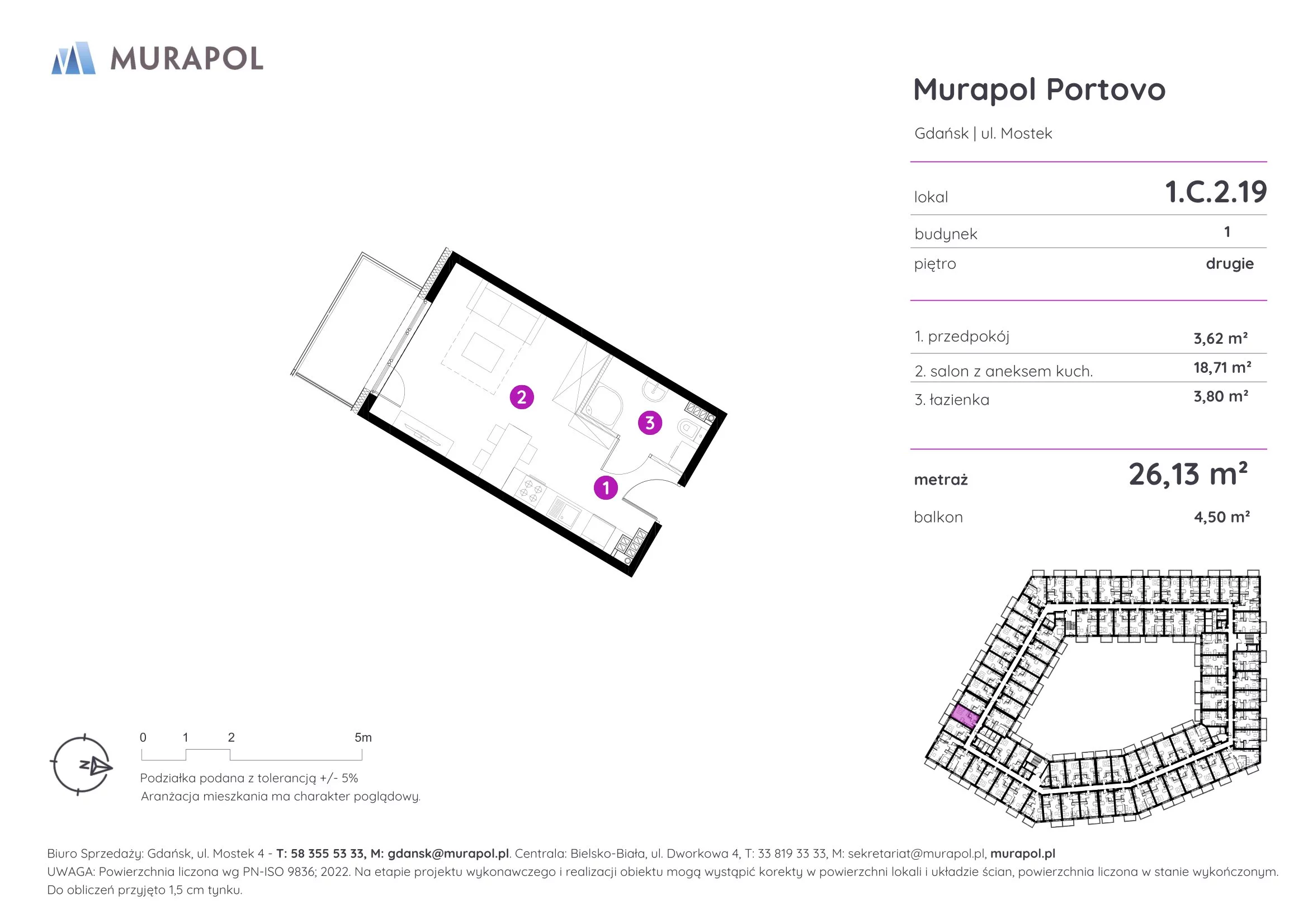 Mieszkanie 26,13 m², piętro 2, oferta nr 1.C.2.19, Murapol Portovo, Gdańsk, Śródmieście, ul. Mostek