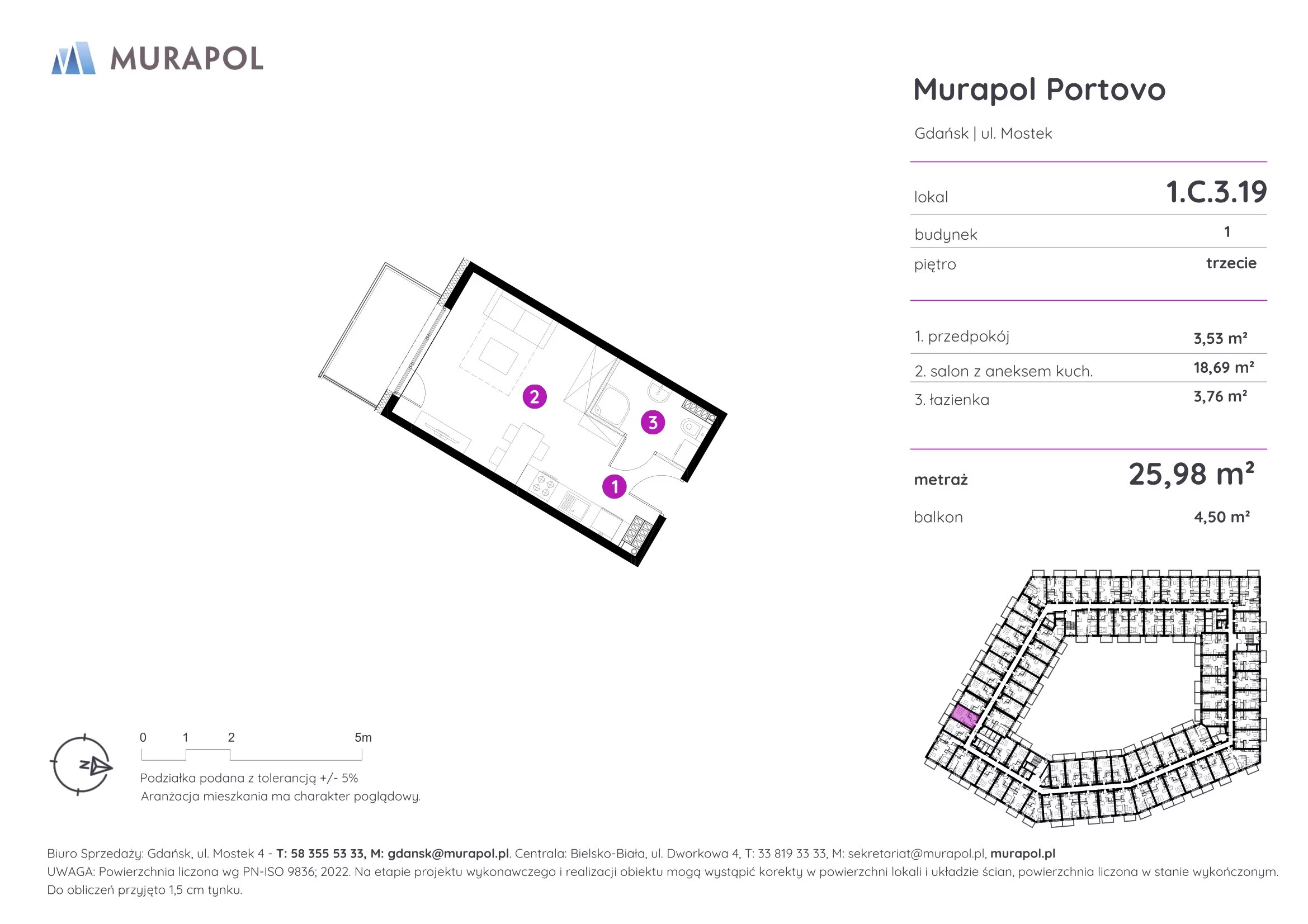 Mieszkanie 25,98 m², piętro 3, oferta nr 1.C.3.19, Murapol Portovo, Gdańsk, Śródmieście, ul. Mostek