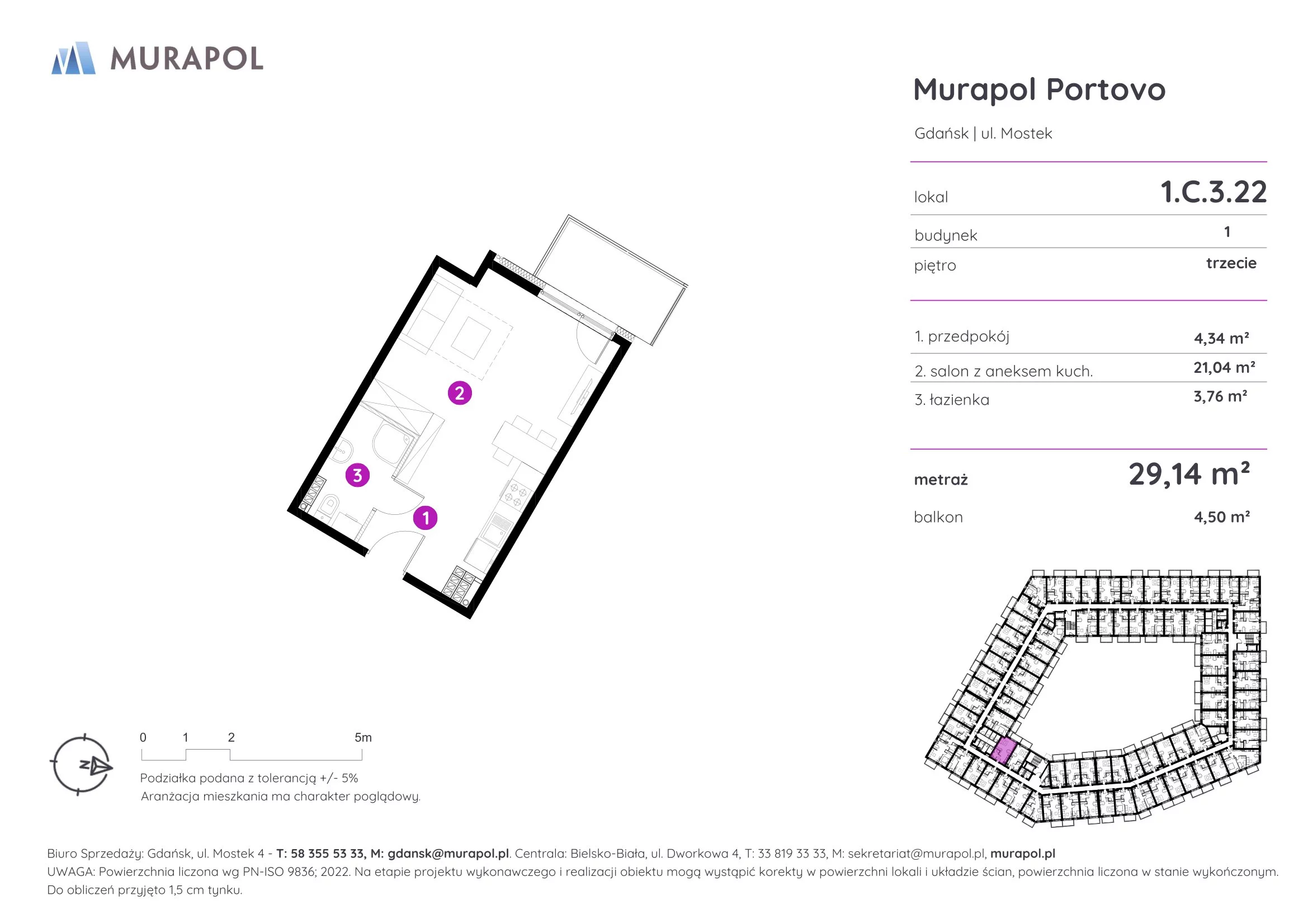 Apartament inwestycyjny 29,14 m², piętro 3, oferta nr 1.C.3.22, Murapol Portovo, Gdańsk, Śródmieście, ul. Mostek