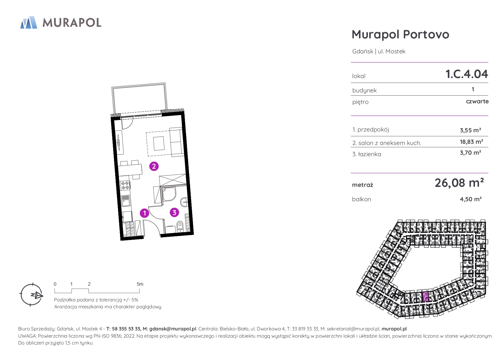 Mieszkanie 26,08 m², piętro 4, oferta nr 1.C.4.04, Murapol Portovo, Gdańsk, Śródmieście, ul. Mostek