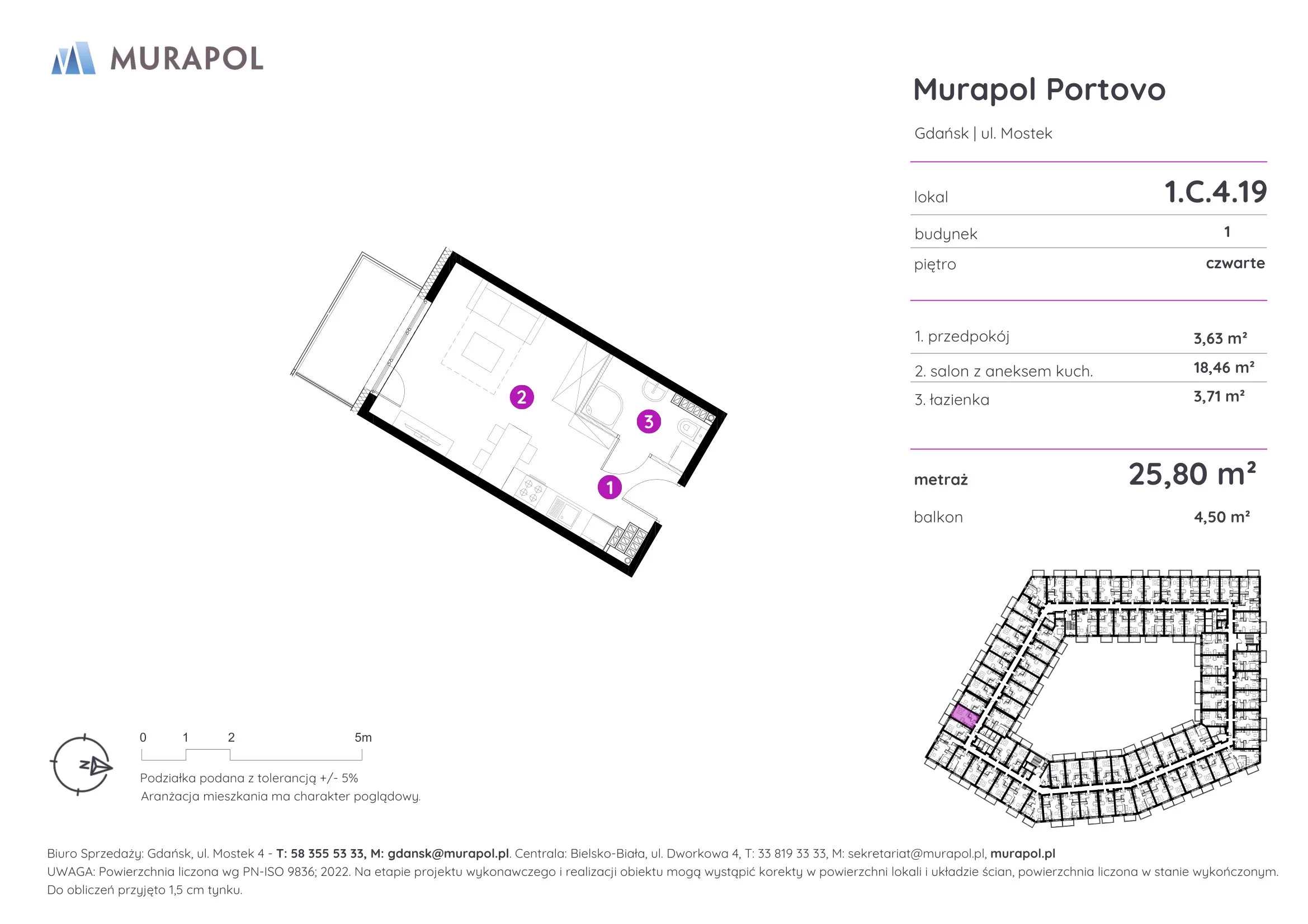 Mieszkanie 25,80 m², piętro 4, oferta nr 1.C.4.19, Murapol Portovo, Gdańsk, Śródmieście, ul. Mostek