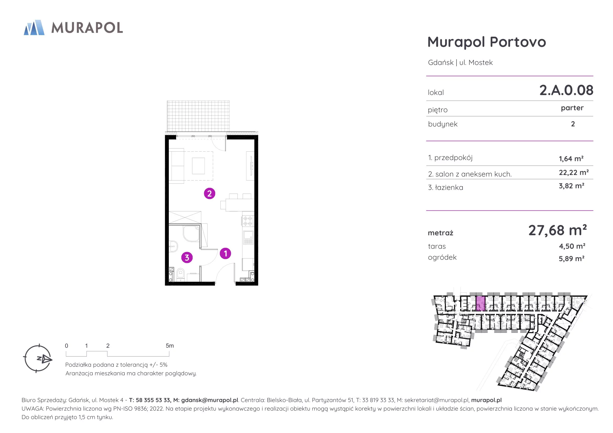 Apartament inwestycyjny 27,68 m², parter, oferta nr 2.A.0.08, Murapol Portovo, Gdańsk, Śródmieście, ul. Mostek