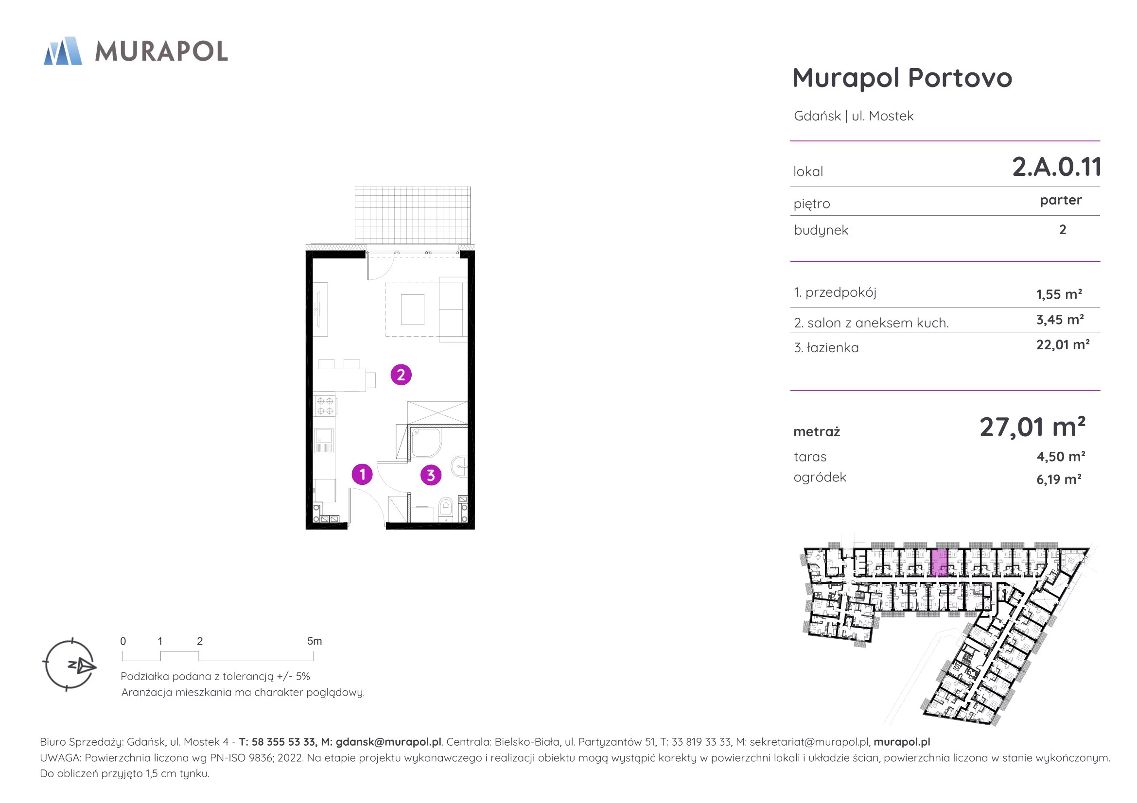 Apartament inwestycyjny 27,01 m², parter, oferta nr 2.A.0.11, Murapol Portovo, Gdańsk, Śródmieście, ul. Mostek