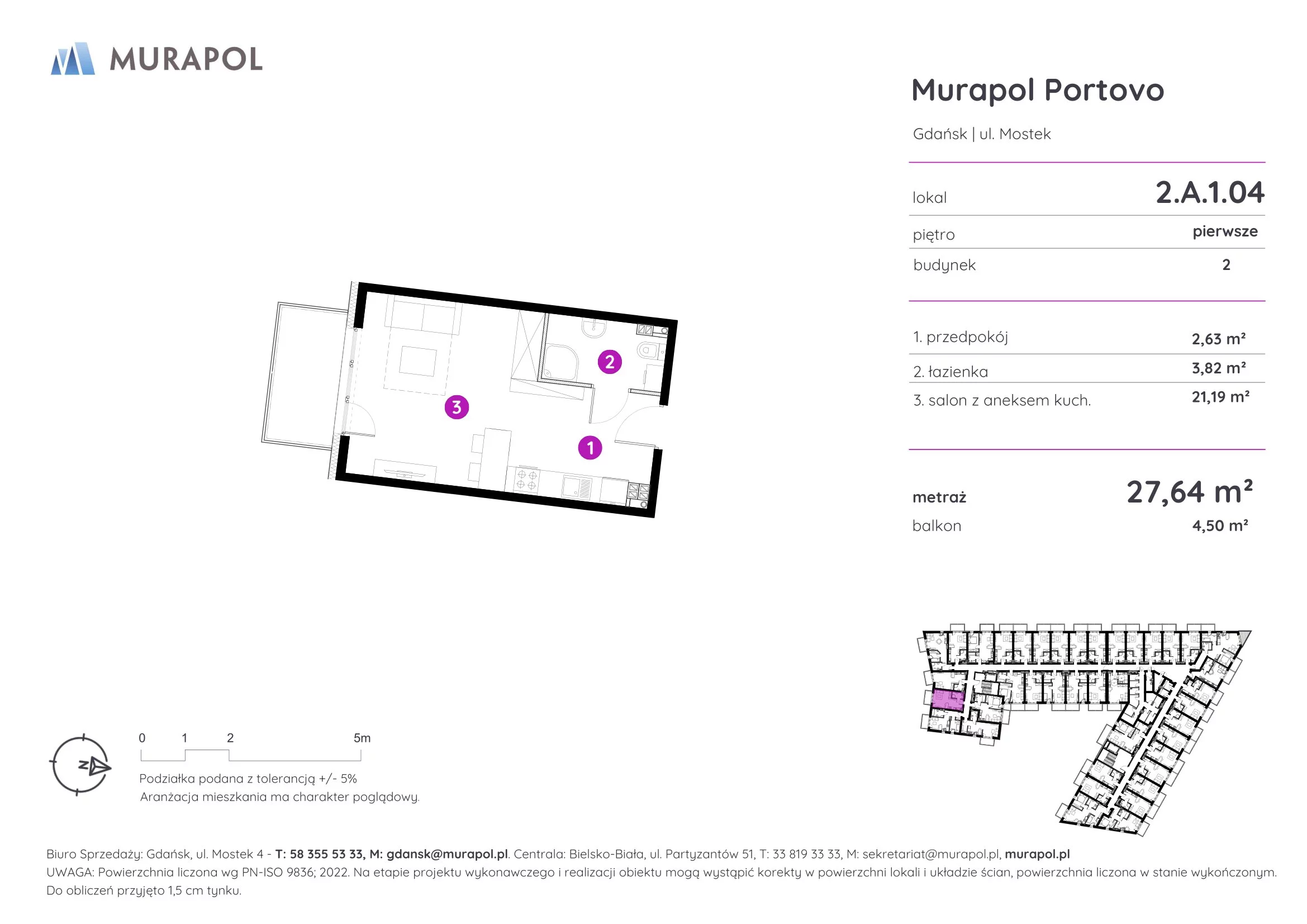 Apartament inwestycyjny 27,64 m², piętro 1, oferta nr 2.A.1.04, Murapol Portovo, Gdańsk, Śródmieście, ul. Mostek