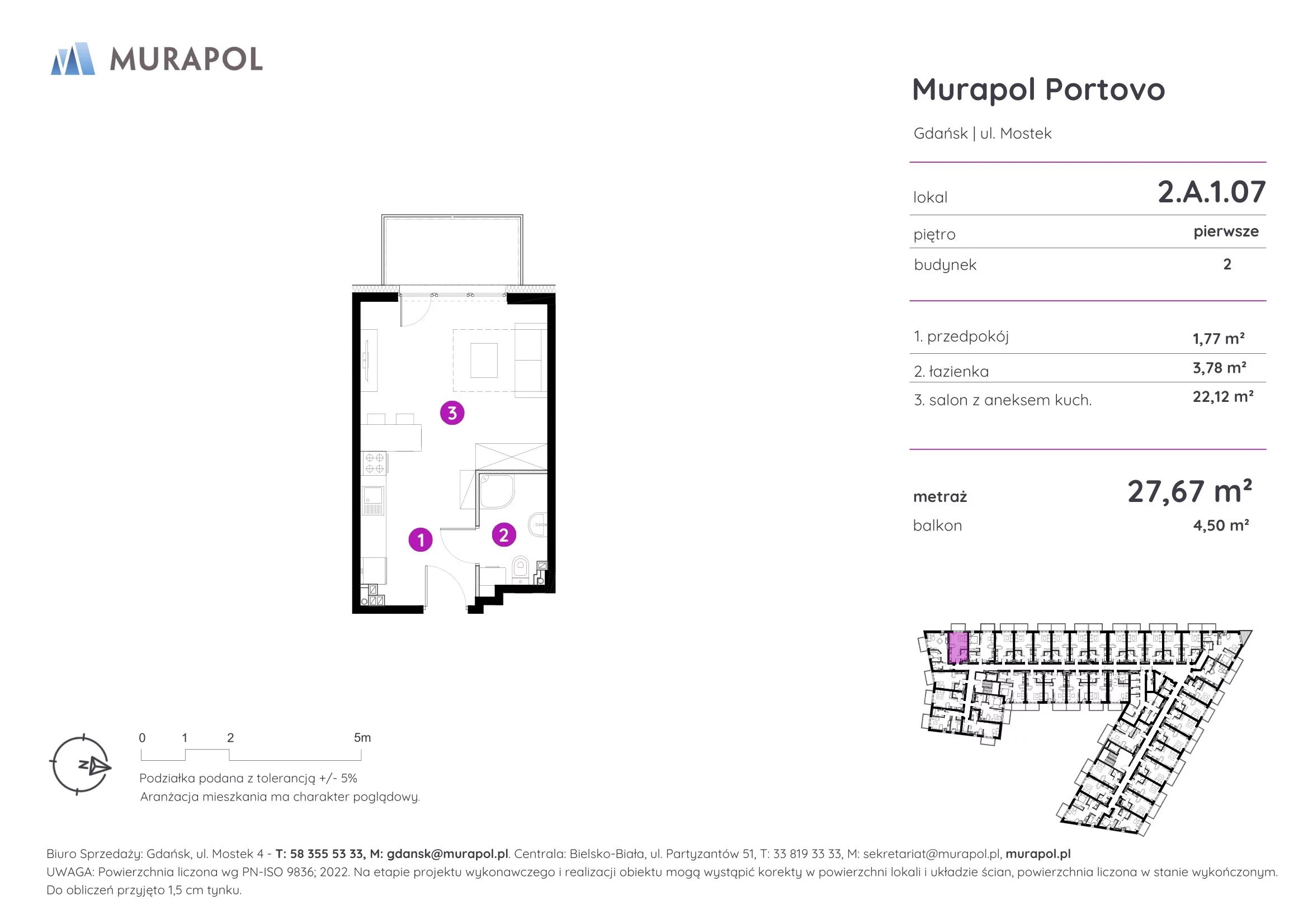 Apartament inwestycyjny 27,67 m², piętro 1, oferta nr 2.A.1.07, Murapol Portovo, Gdańsk, Śródmieście, ul. Mostek