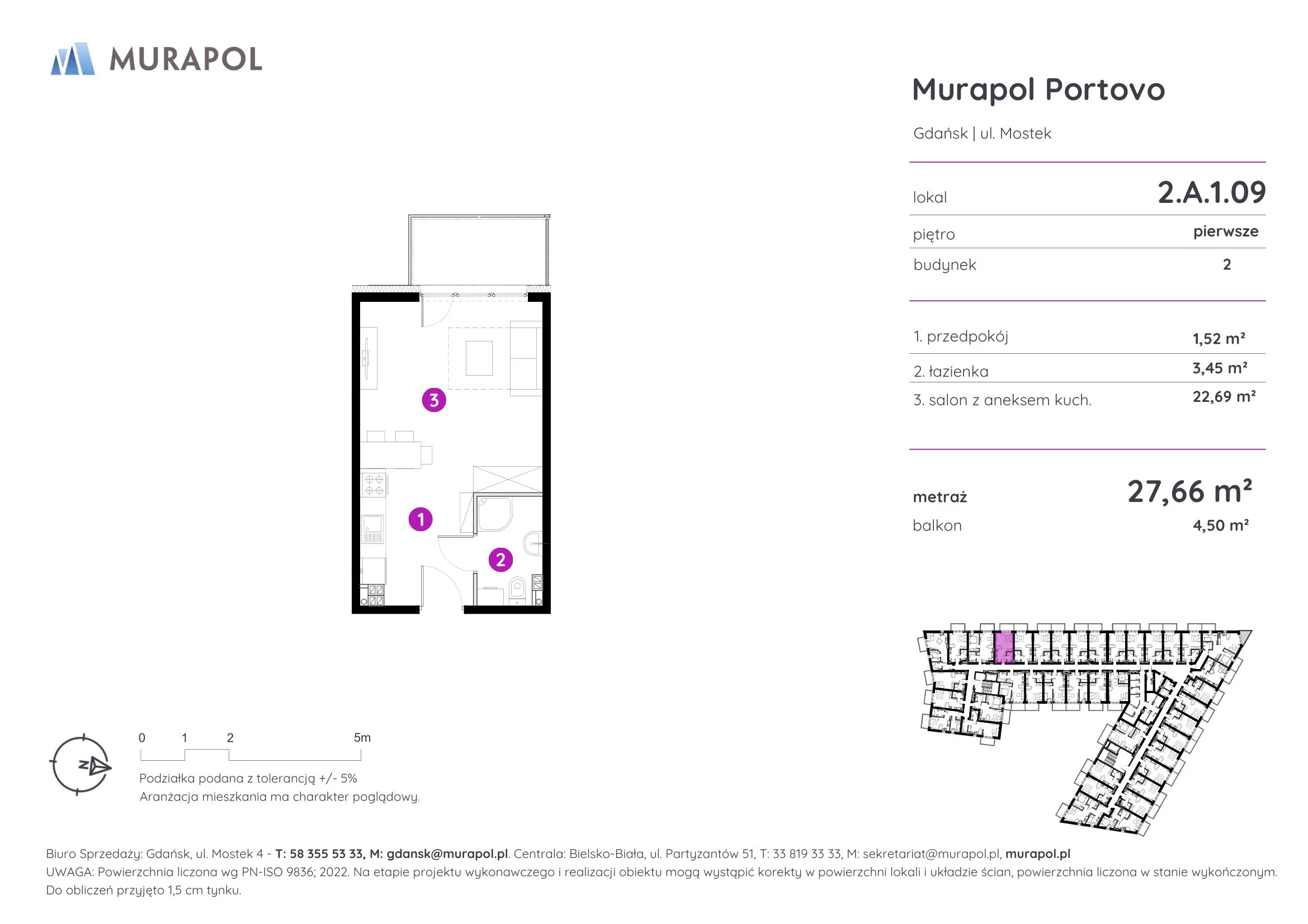 Apartament inwestycyjny 27,66 m², piętro 1, oferta nr 2.A.1.09, Murapol Portovo, Gdańsk, Śródmieście, ul. Mostek