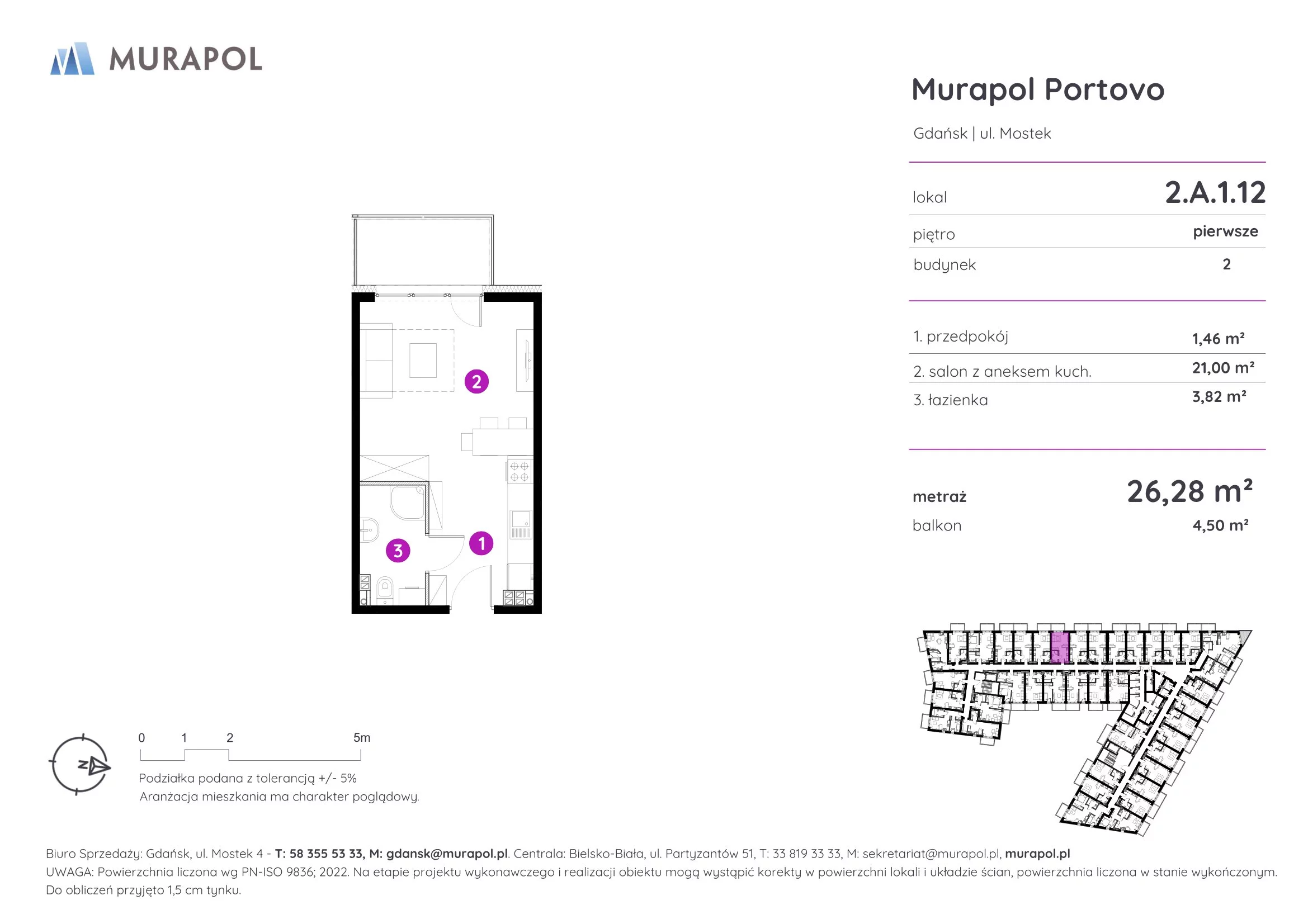 Apartament inwestycyjny 26,28 m², piętro 1, oferta nr 2.A.1.12, Murapol Portovo, Gdańsk, Śródmieście, ul. Mostek