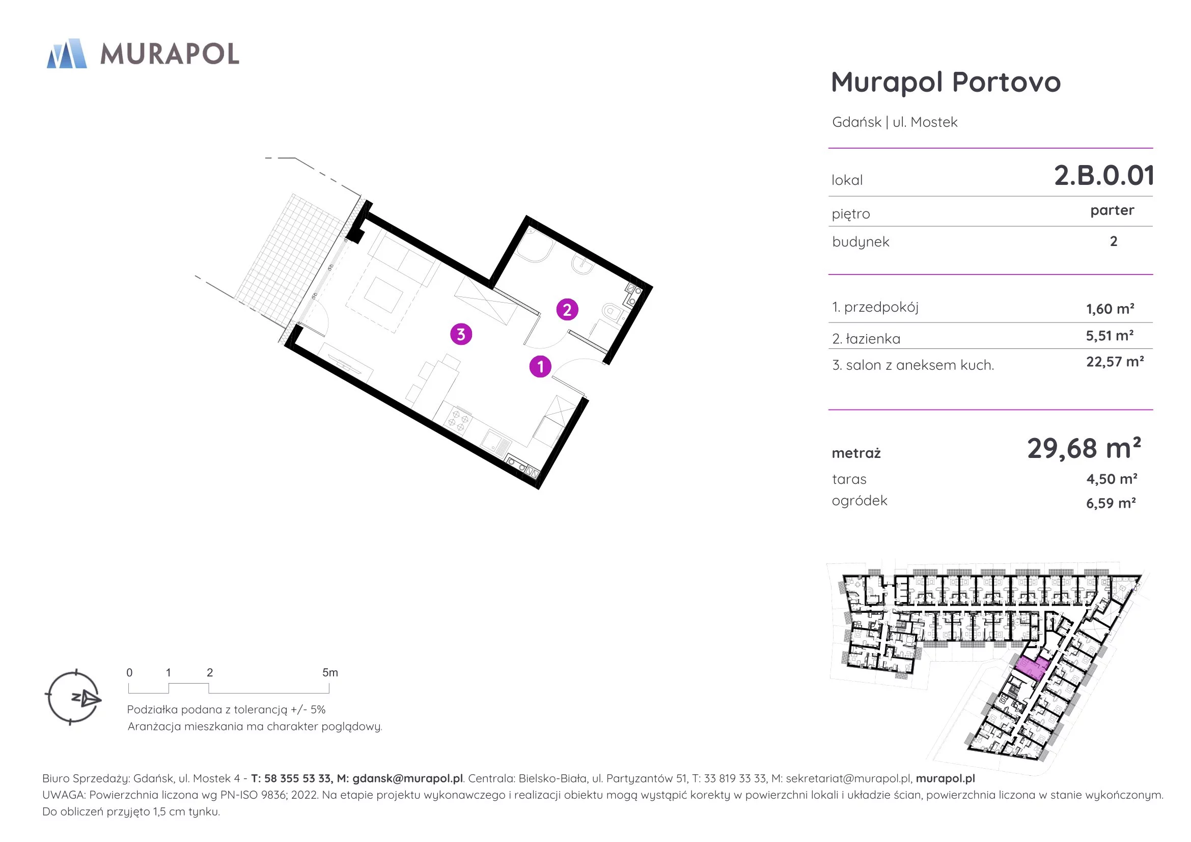 Apartament inwestycyjny 29,68 m², parter, oferta nr 2.B.0.01, Murapol Portovo, Gdańsk, Śródmieście, ul. Mostek