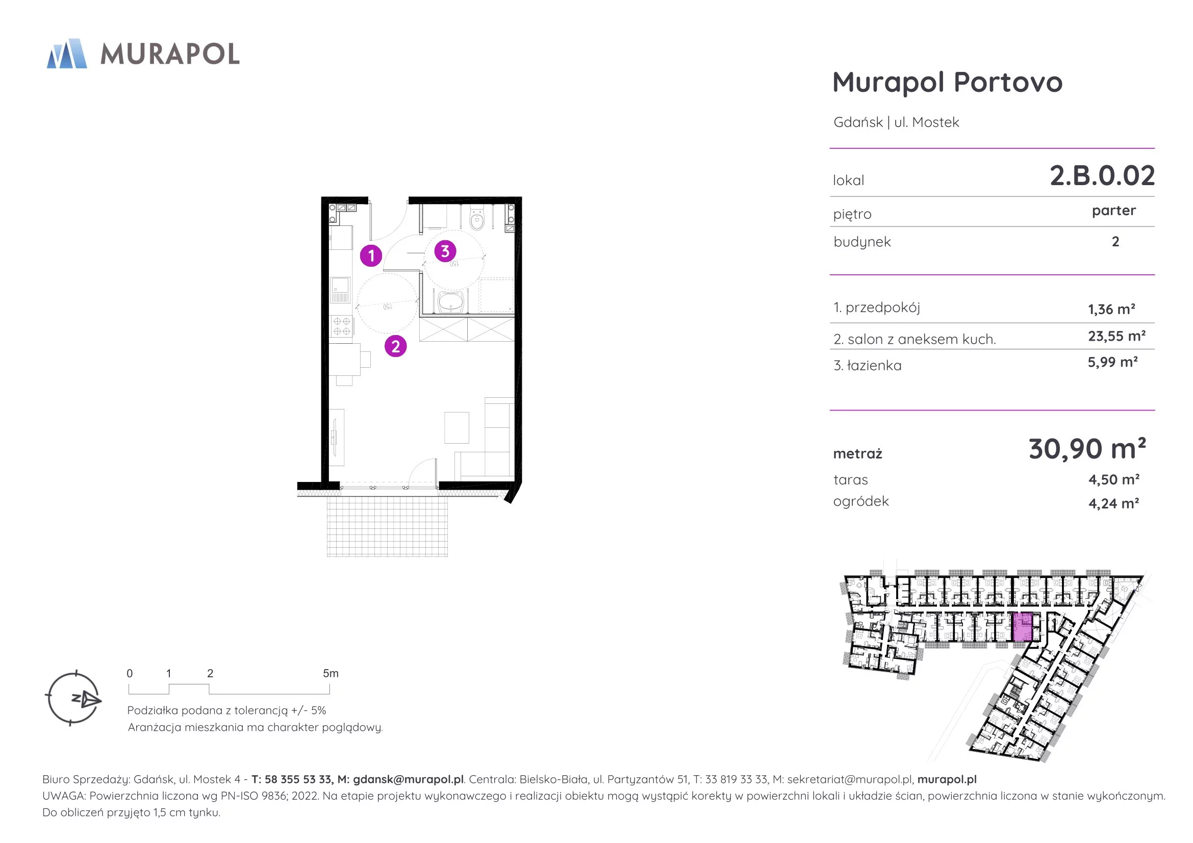 Apartament inwestycyjny 30,90 m², parter, oferta nr 2.B.0.02, Murapol Portovo, Gdańsk, Śródmieście, ul. Mostek-idx