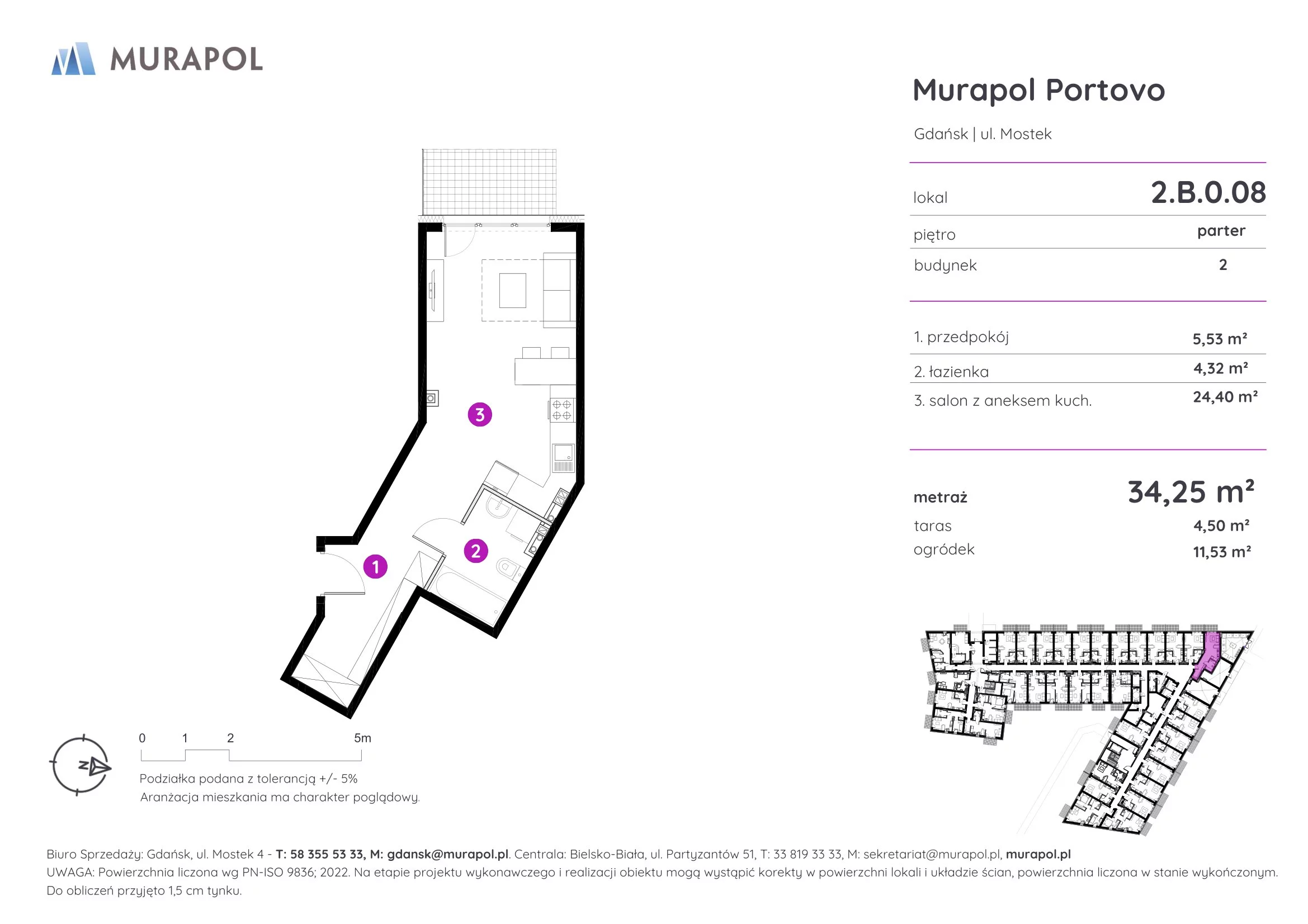 1 pokój, apartament inwestycyjny 34,25 m², parter, oferta nr 2.B.0.08, Murapol Portovo, Gdańsk, Śródmieście, ul. Mostek