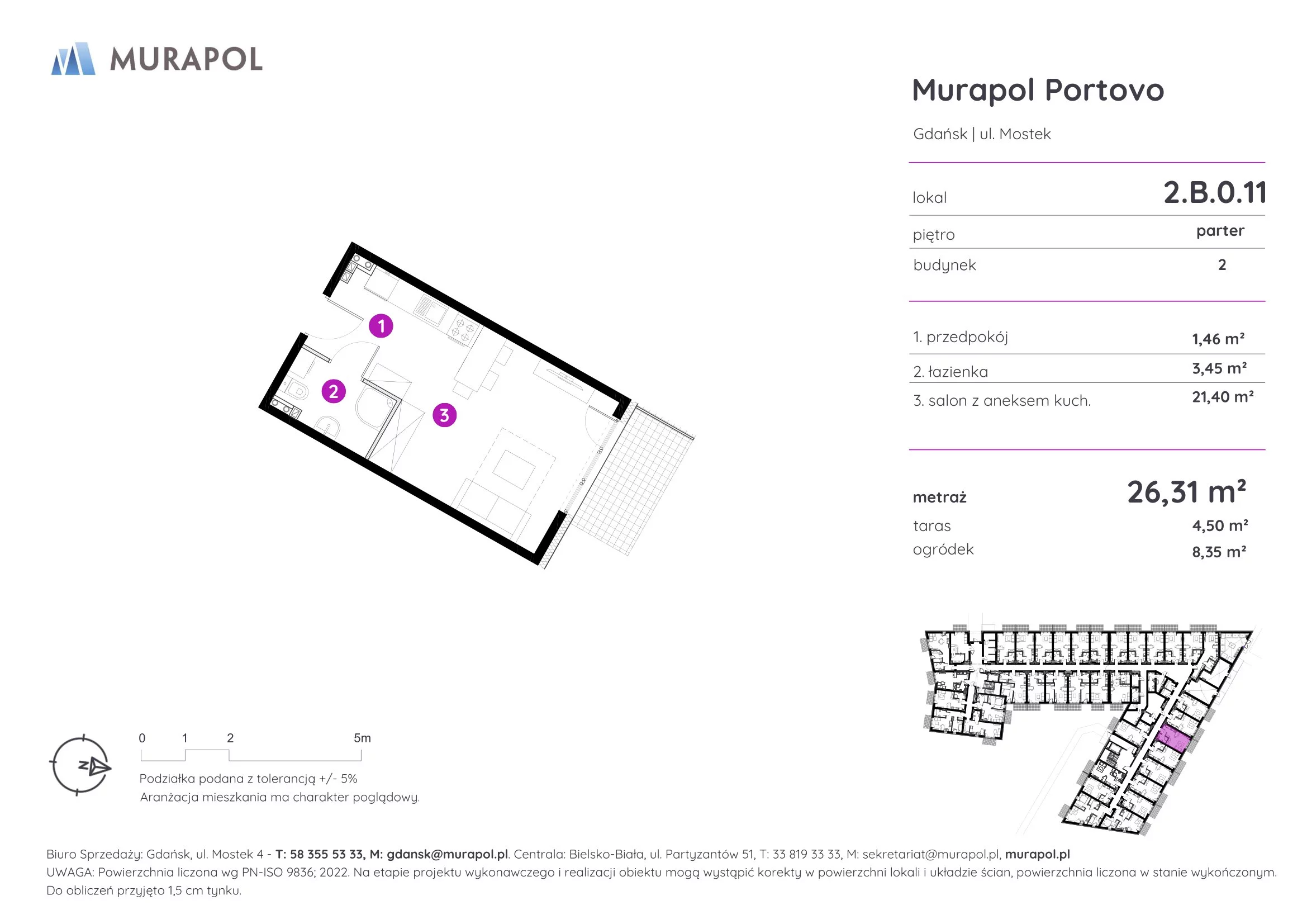 Apartament inwestycyjny 26,31 m², parter, oferta nr 2.B.0.11, Murapol Portovo, Gdańsk, Śródmieście, ul. Mostek