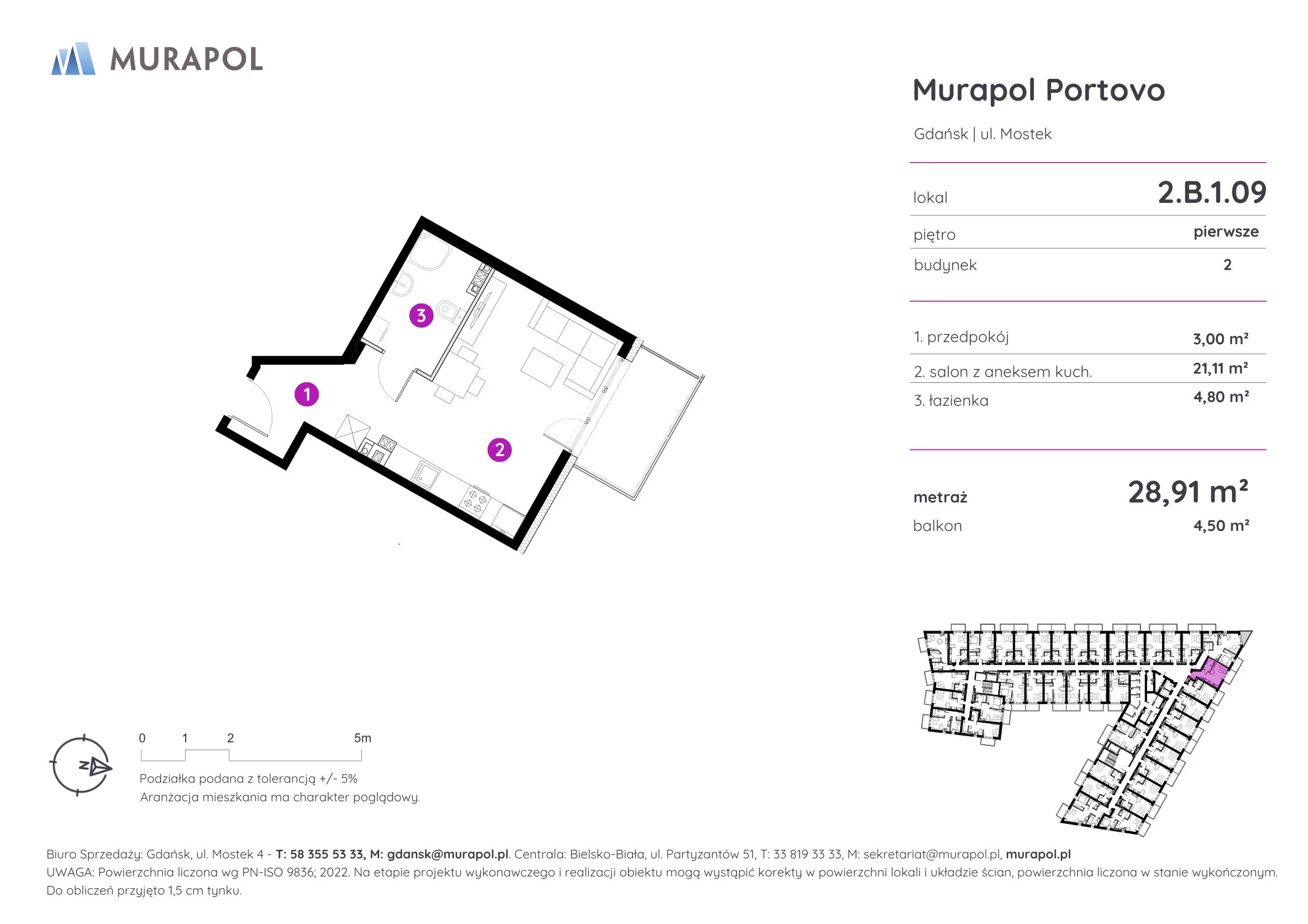 Apartament inwestycyjny 28,91 m², piętro 1, oferta nr 2.B.1.09, Murapol Portovo, Gdańsk, Śródmieście, ul. Mostek