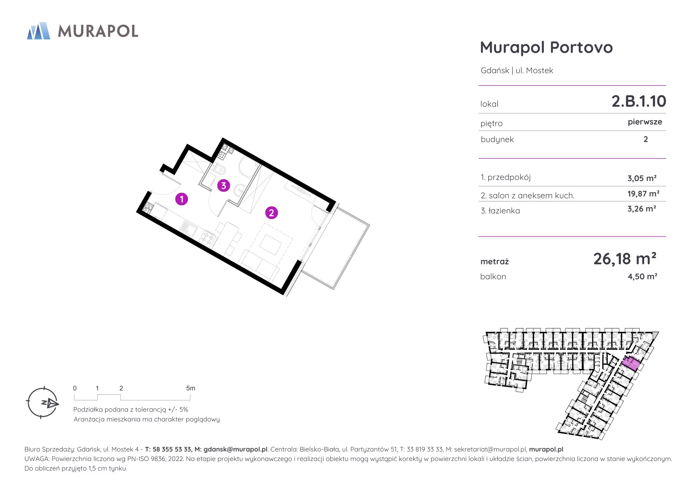 Apartament inwestycyjny 26,18 m², piętro 1, oferta nr 2.B.1.10, Murapol Portovo, Gdańsk, Śródmieście, ul. Mostek