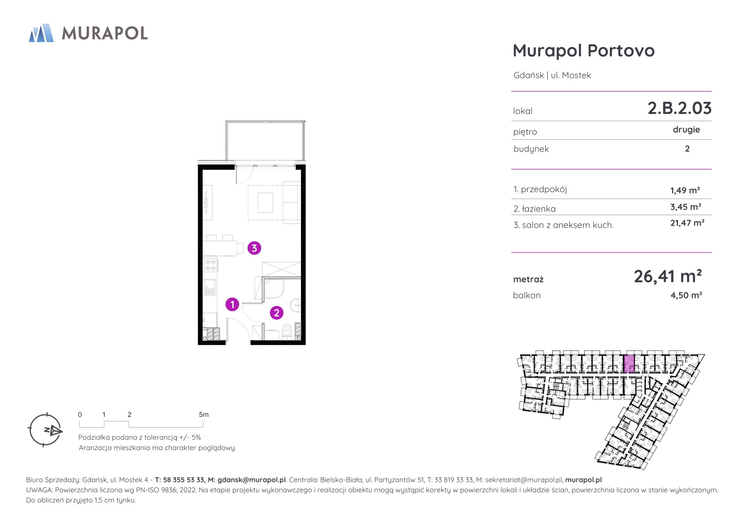 Apartament inwestycyjny 26,41 m², piętro 2, oferta nr 2.B.2.03, Murapol Portovo, Gdańsk, Śródmieście, ul. Mostek