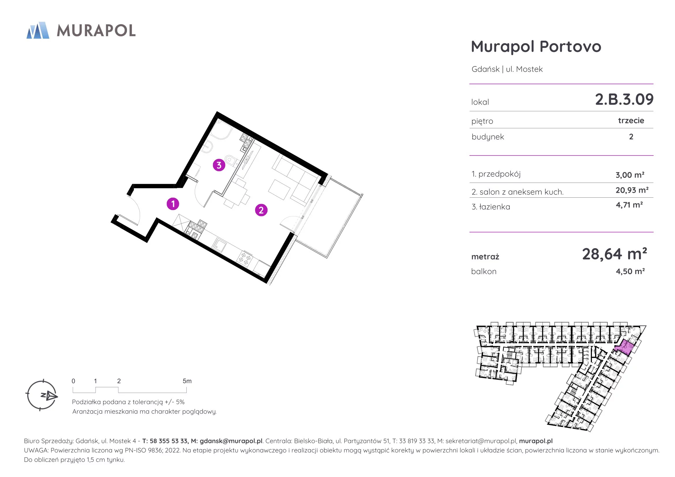 Apartament inwestycyjny 28,64 m², piętro 3, oferta nr 2.B.3.09, Murapol Portovo, Gdańsk, Śródmieście, ul. Mostek