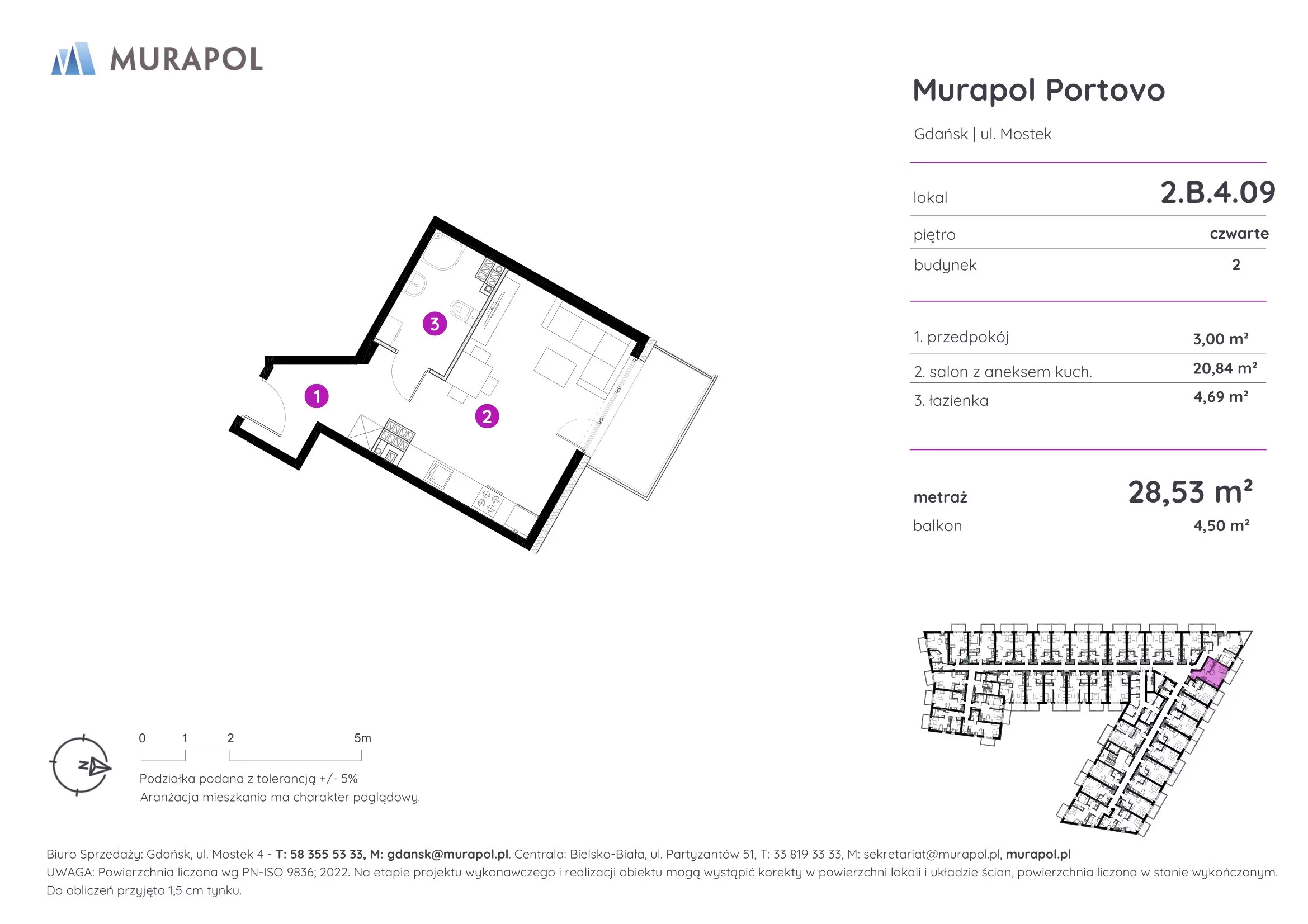 Apartament inwestycyjny 28,53 m², piętro 4, oferta nr 2.B.4.09, Murapol Portovo, Gdańsk, Śródmieście, ul. Mostek