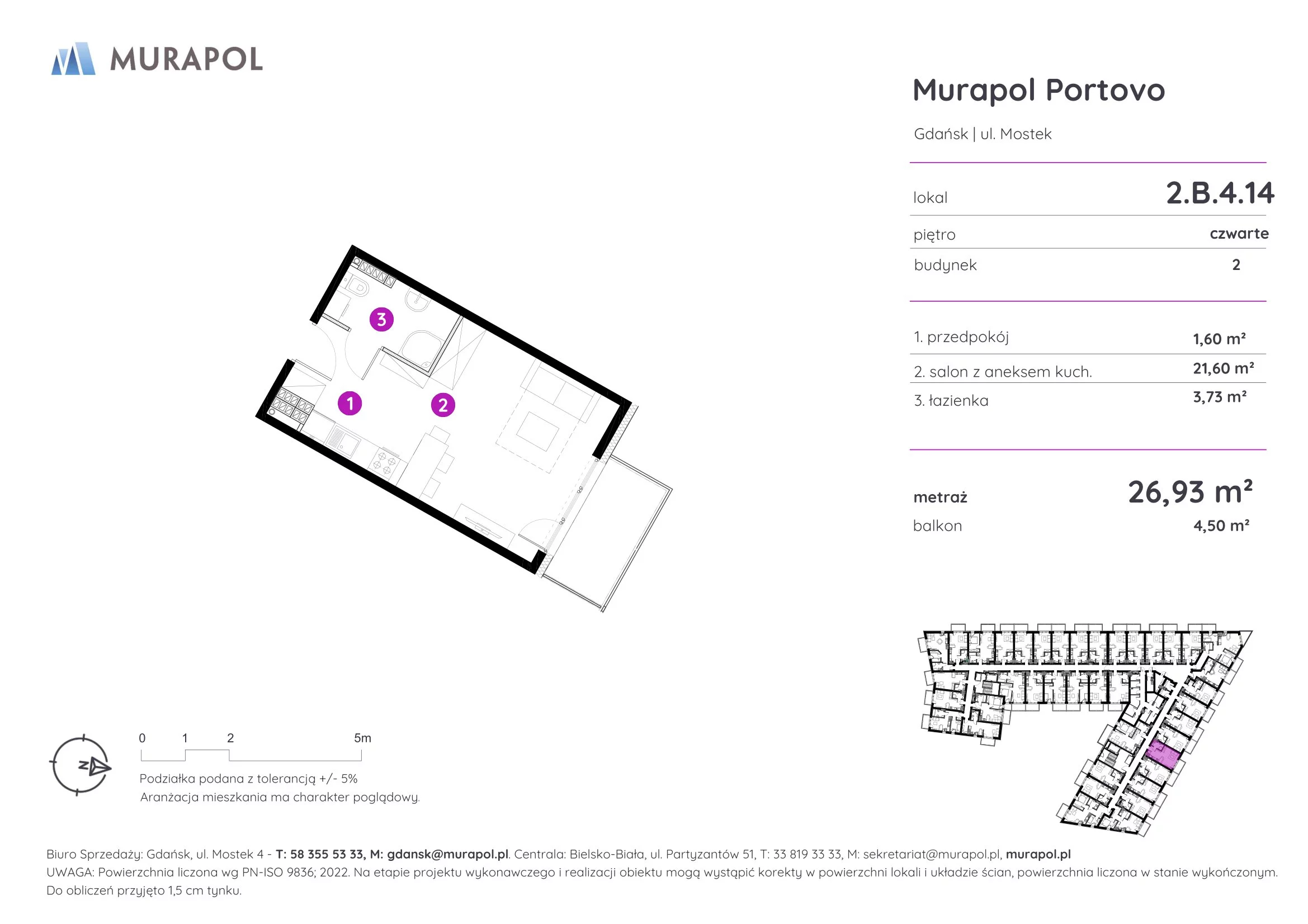 Apartament inwestycyjny 26,93 m², piętro 4, oferta nr 2.B.4.14, Murapol Portovo, Gdańsk, Śródmieście, ul. Mostek