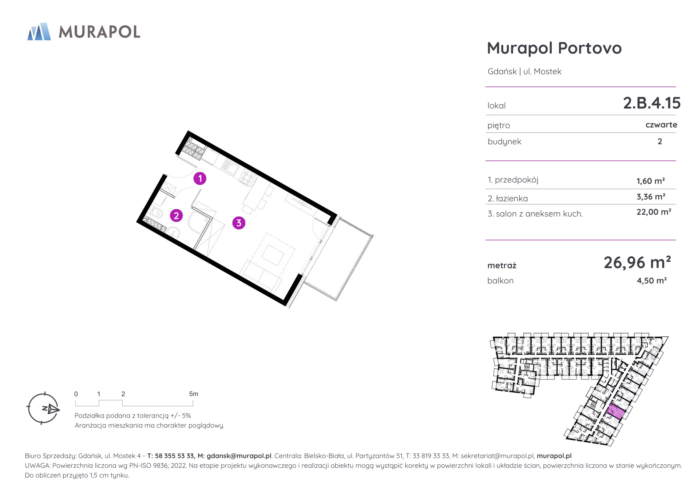 Apartament inwestycyjny 26,96 m², piętro 4, oferta nr 2.B.4.15, Murapol Portovo, Gdańsk, Śródmieście, ul. Mostek