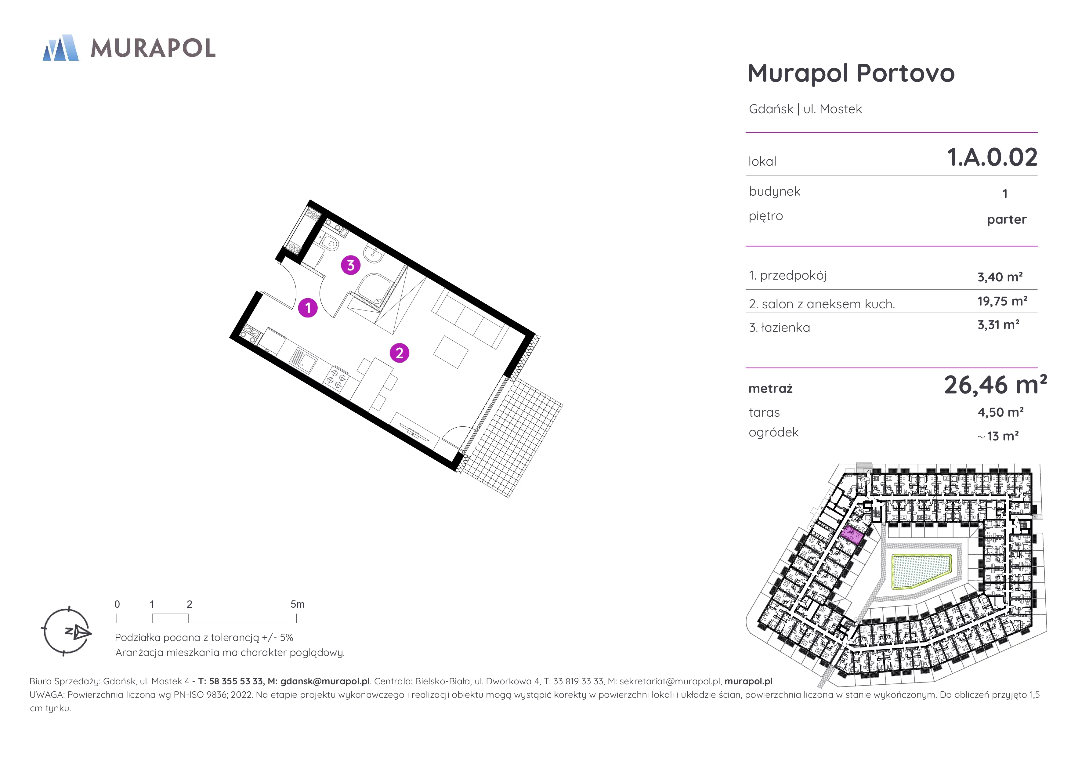 1 pokój, apartament inwestycyjny 26,46 m², parter, oferta nr 1.A.0.02, Murapol Portovo, Gdańsk, Śródmieście, ul. Mostek
