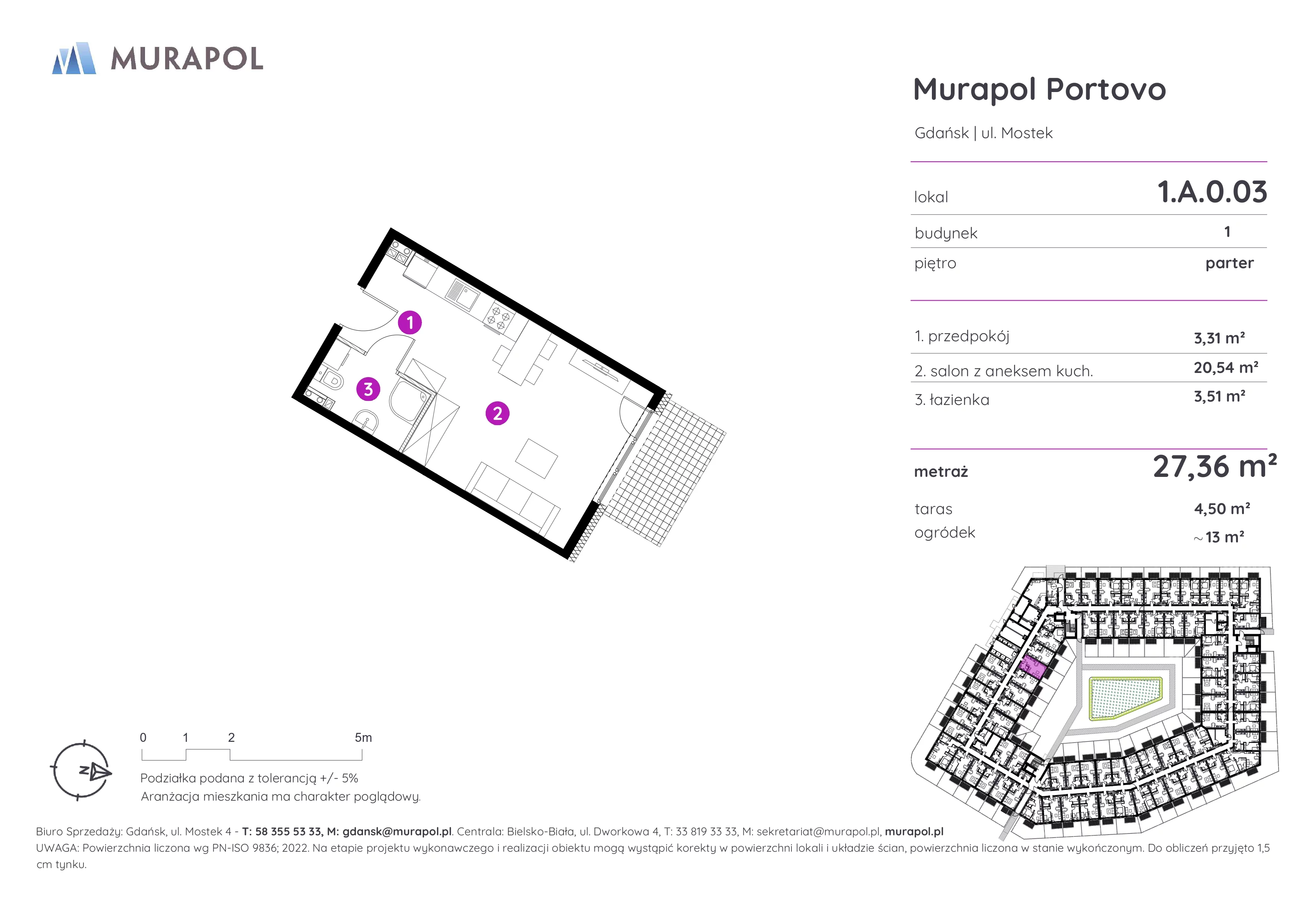 1 pokój, apartament inwestycyjny 27,36 m², parter, oferta nr 1.A.0.03, Murapol Portovo, Gdańsk, Śródmieście, ul. Mostek