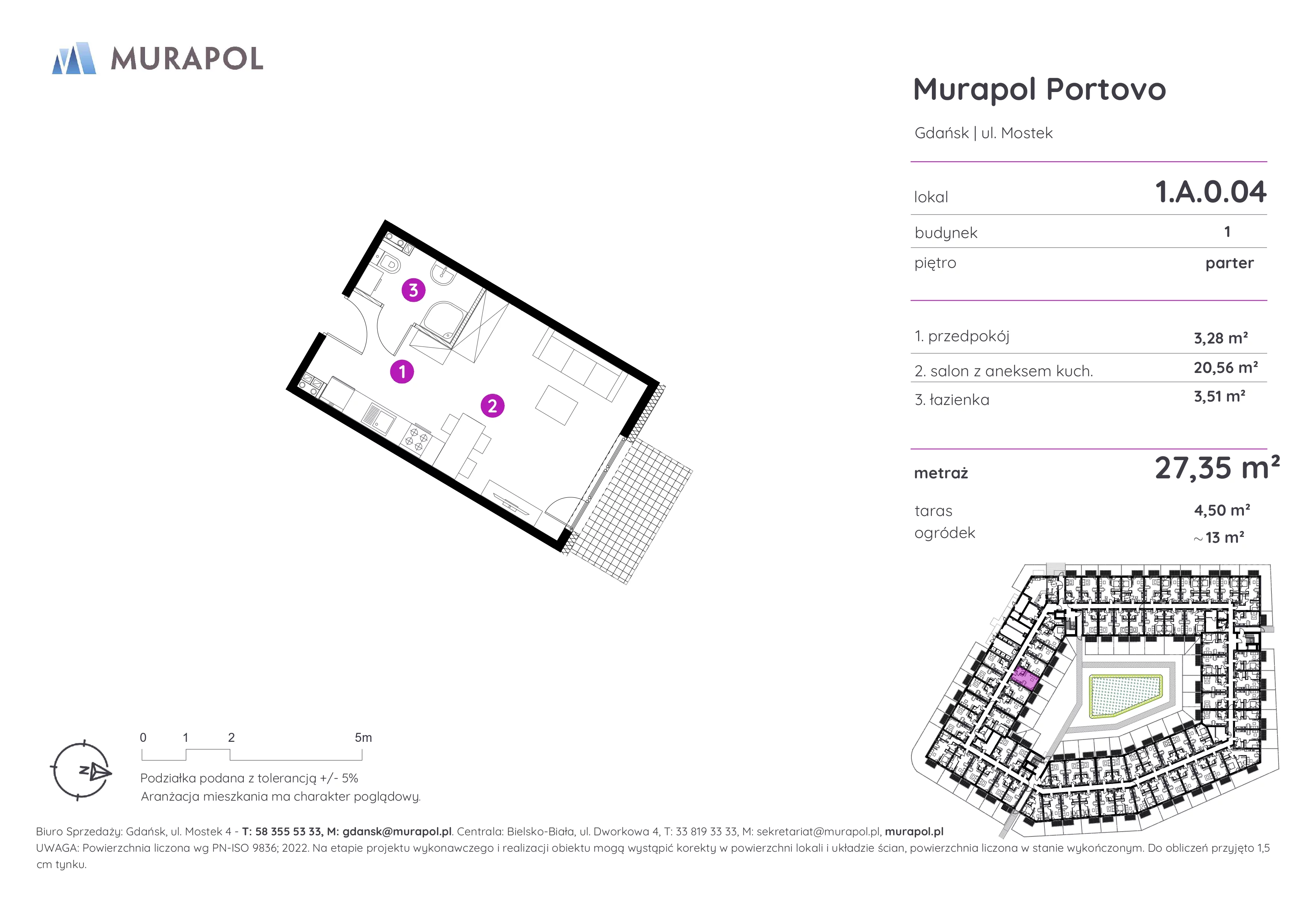 1 pokój, apartament inwestycyjny 27,35 m², parter, oferta nr 1.A.0.04, Murapol Portovo, Gdańsk, Śródmieście, ul. Mostek