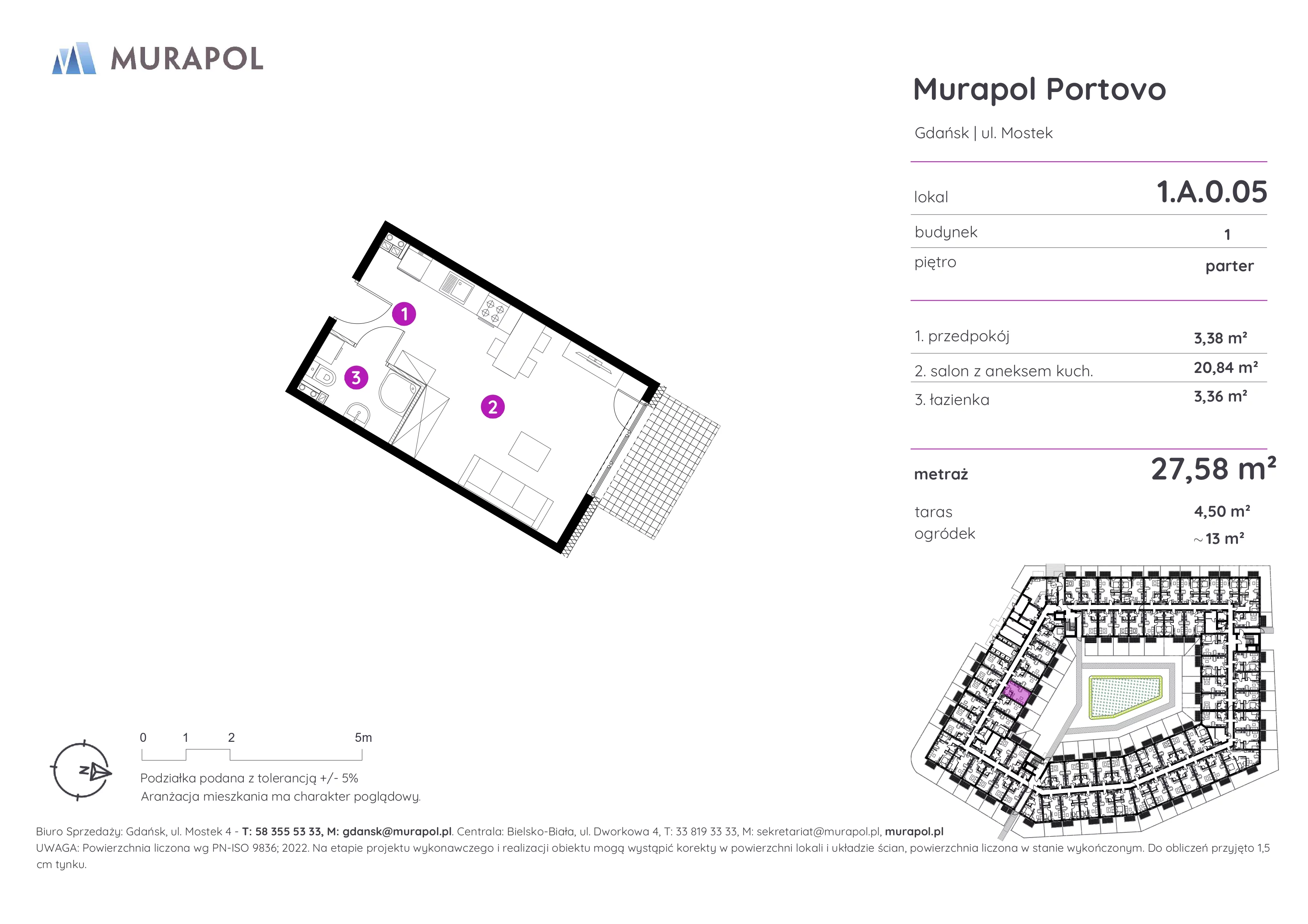 1 pokój, apartament inwestycyjny 27,58 m², parter, oferta nr 1.A.0.05, Murapol Portovo, Gdańsk, Śródmieście, ul. Mostek