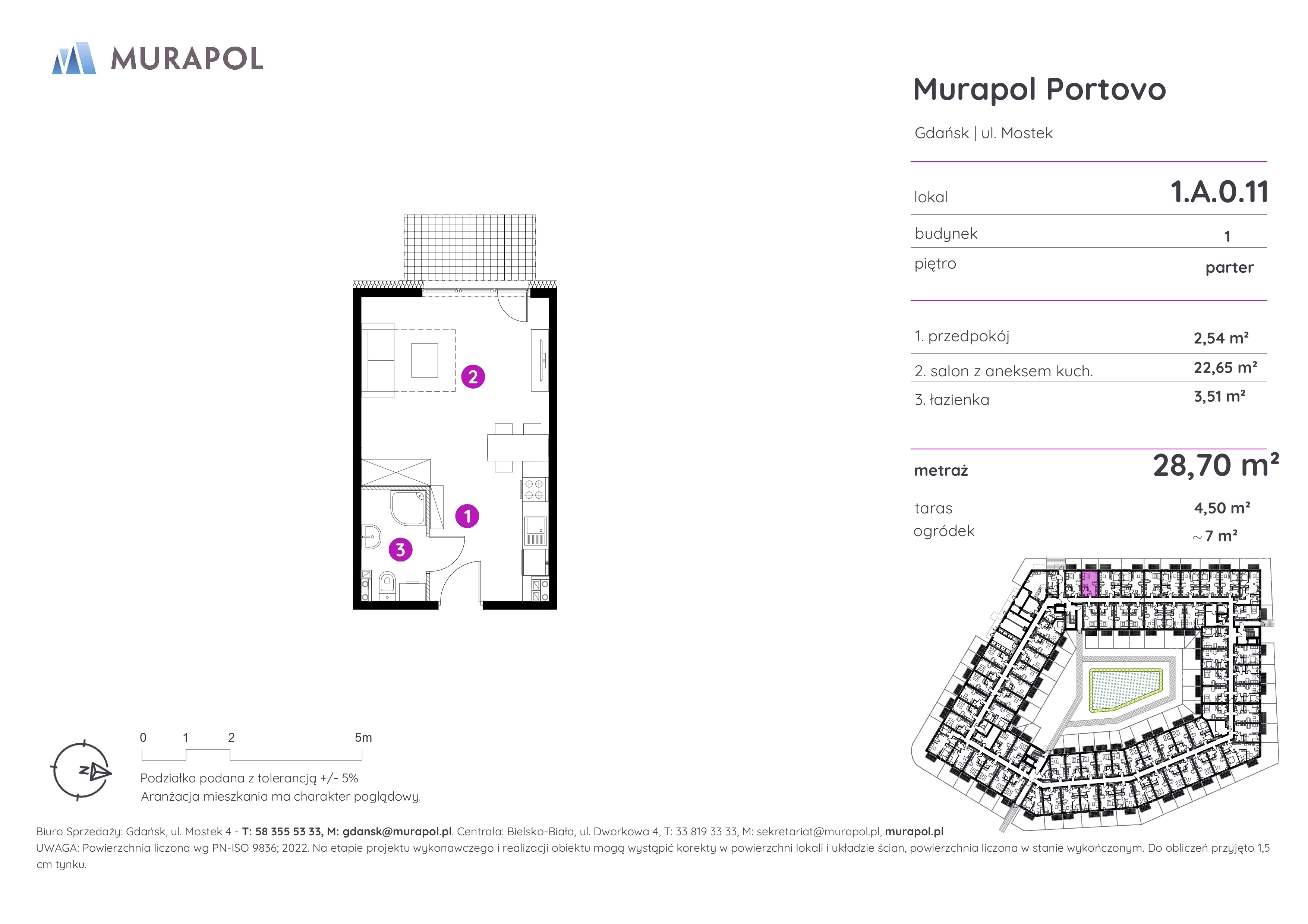 1 pokój, apartament inwestycyjny 28,70 m², parter, oferta nr 1.A.0.11, Murapol Portovo, Gdańsk, Śródmieście, ul. Mostek