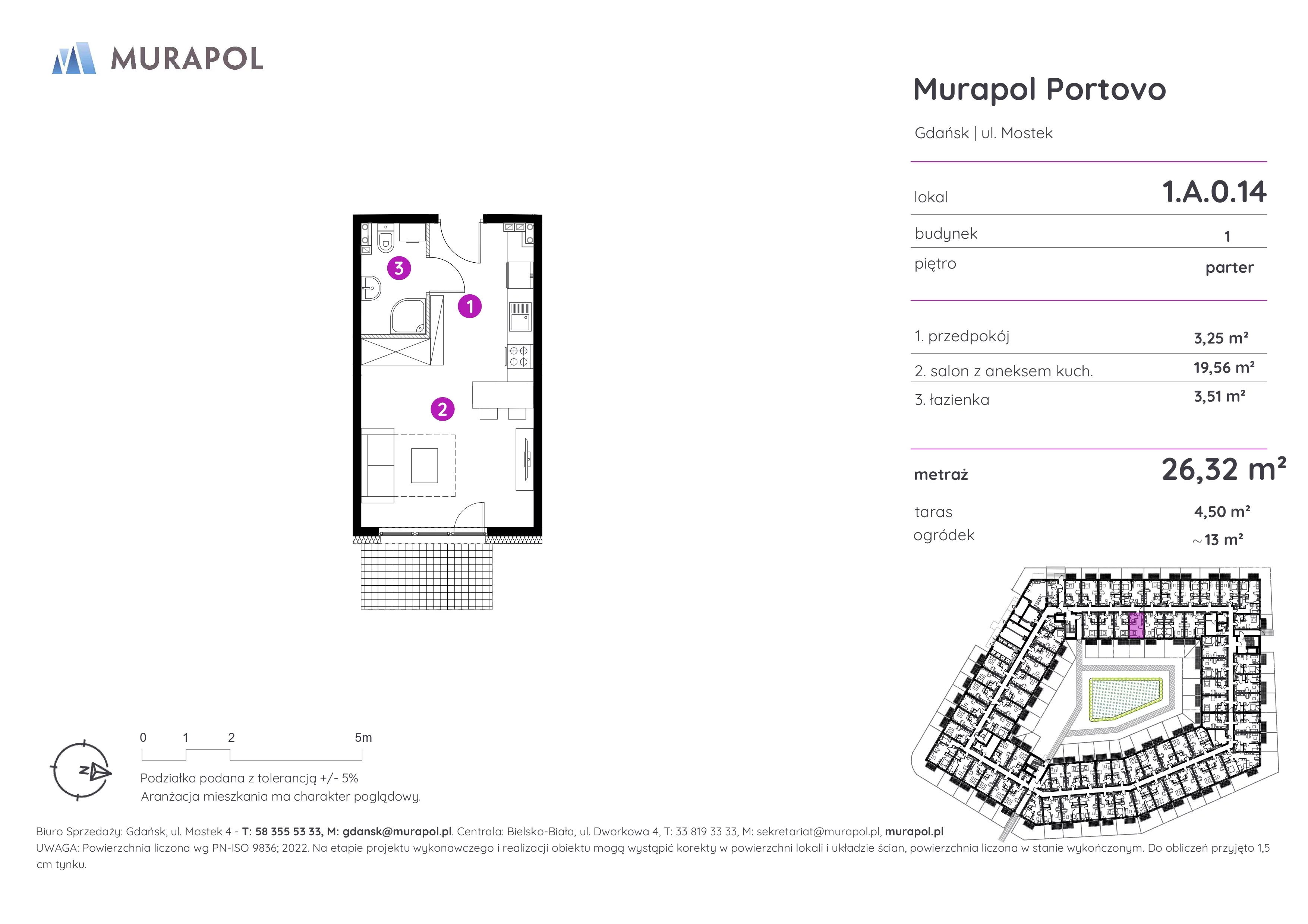 1 pokój, apartament inwestycyjny 26,32 m², parter, oferta nr 1.A.0.14, Murapol Portovo, Gdańsk, Śródmieście, ul. Mostek