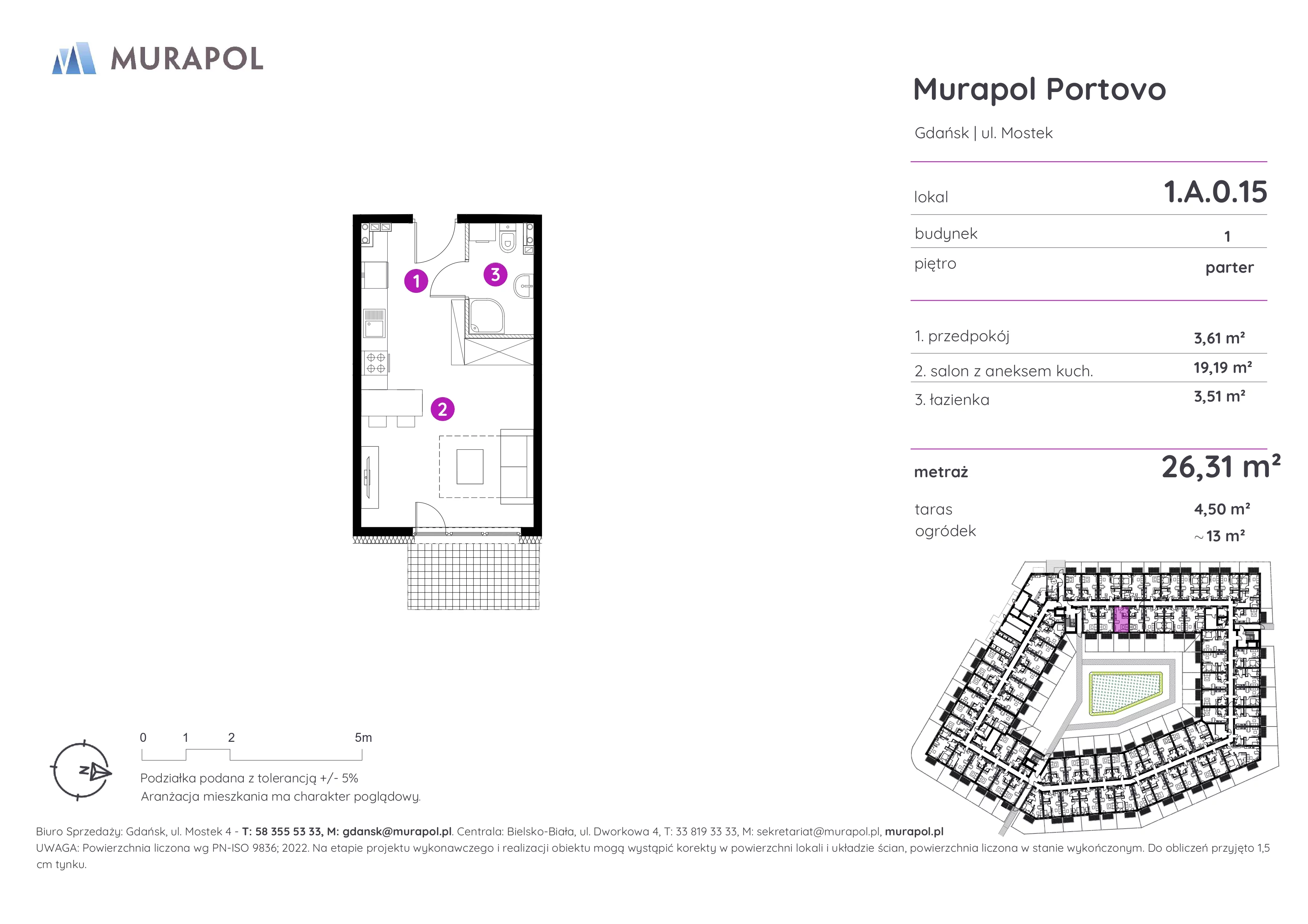 1 pokój, apartament inwestycyjny 26,31 m², parter, oferta nr 1.A.0.15, Murapol Portovo, Gdańsk, Śródmieście, ul. Mostek