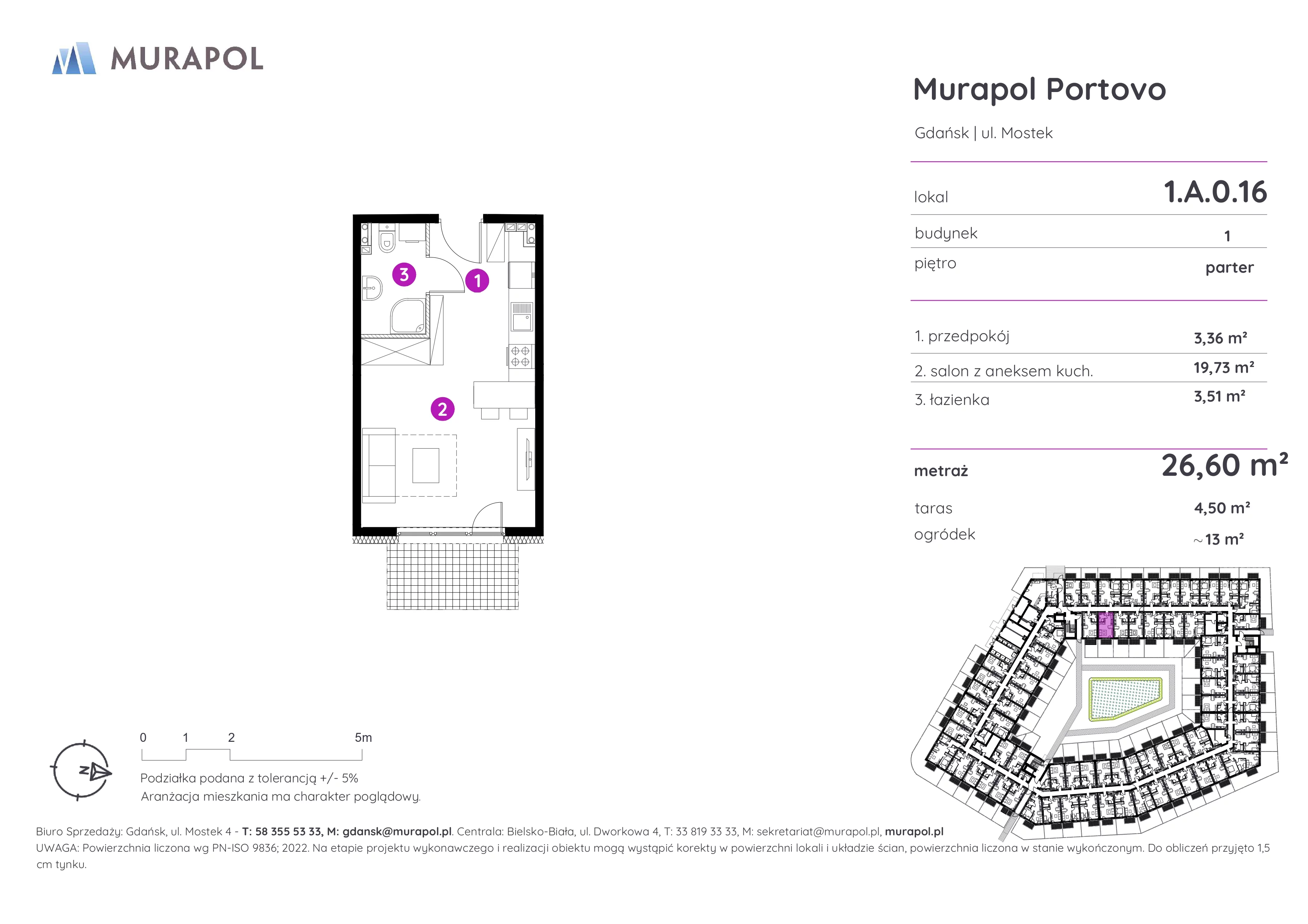 1 pokój, apartament inwestycyjny 26,60 m², parter, oferta nr 1.A.0.16, Murapol Portovo, Gdańsk, Śródmieście, ul. Mostek