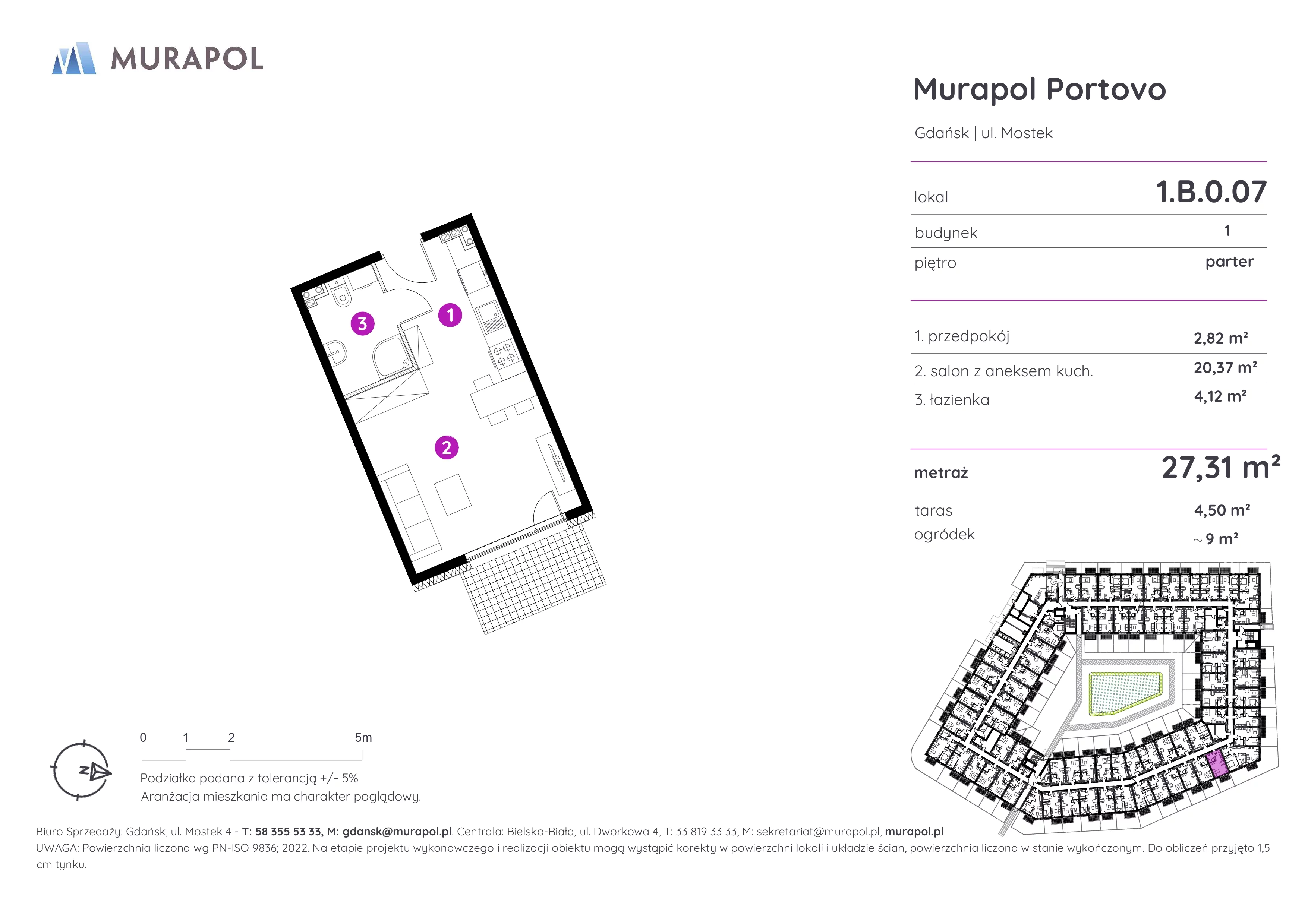1 pokój, apartament inwestycyjny 27,31 m², parter, oferta nr 1.B.0.07, Murapol Portovo, Gdańsk, Śródmieście, ul. Mostek