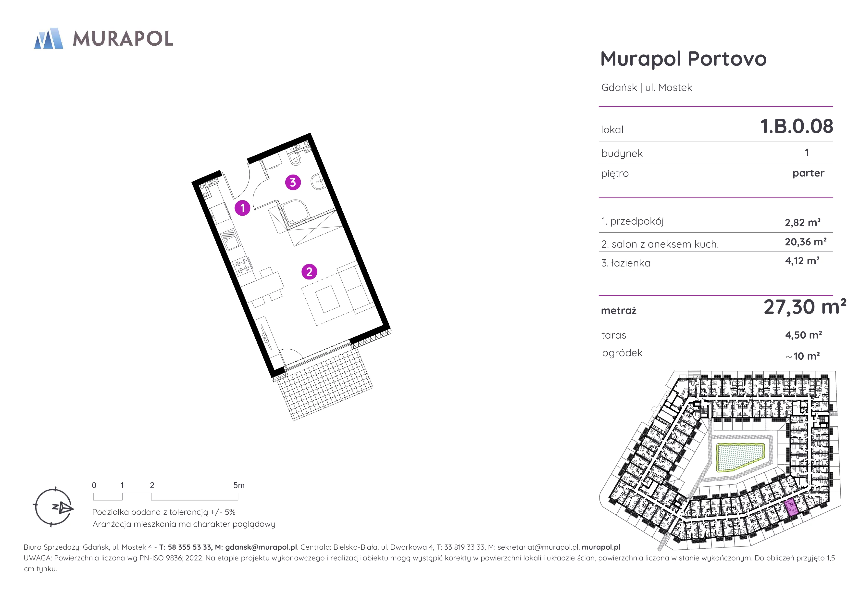 1 pokój, apartament inwestycyjny 27,30 m², parter, oferta nr 1.B.0.08, Murapol Portovo, Gdańsk, Śródmieście, ul. Mostek