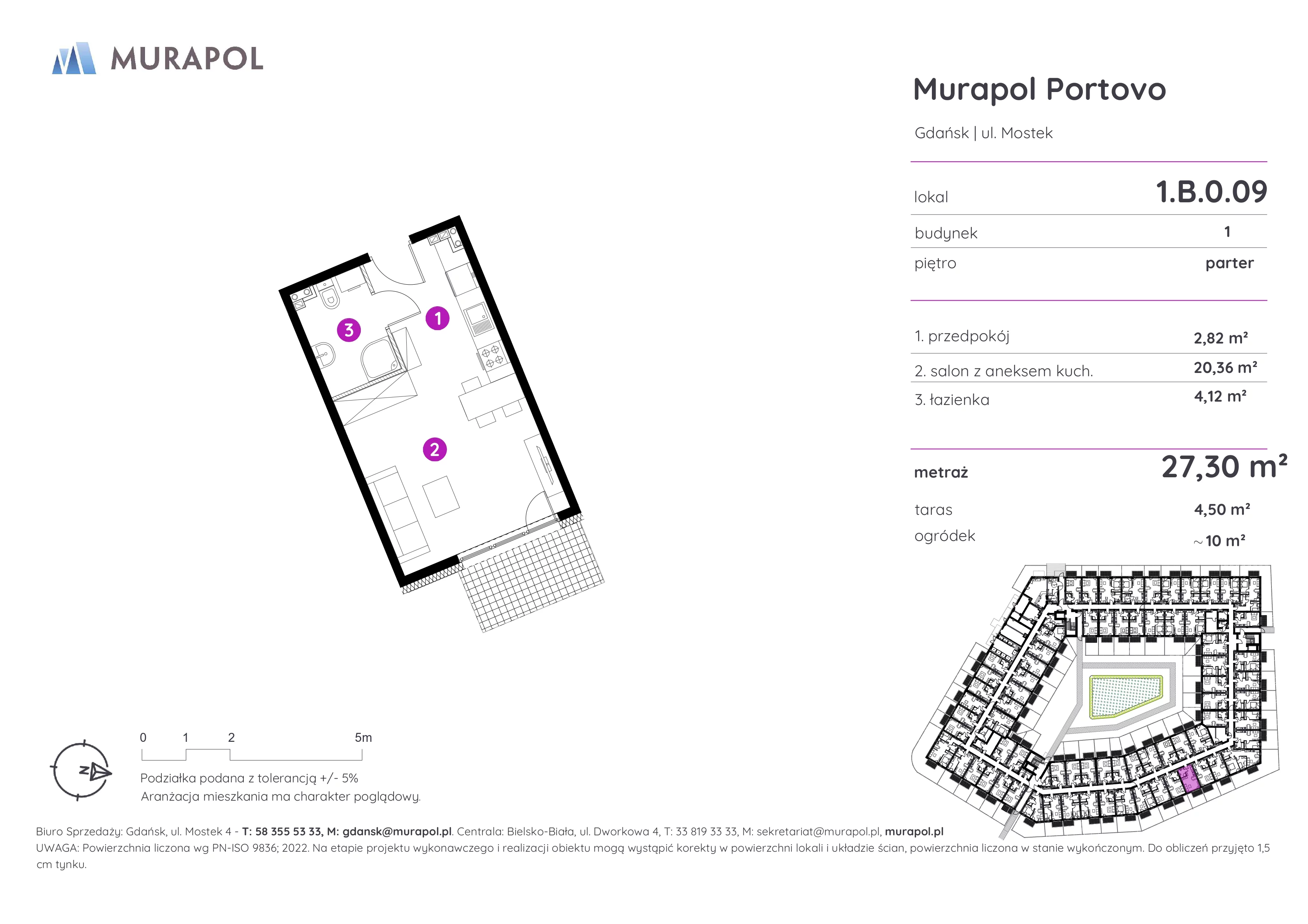 1 pokój, apartament inwestycyjny 27,30 m², parter, oferta nr 1.B.0.09, Murapol Portovo, Gdańsk, Śródmieście, ul. Mostek