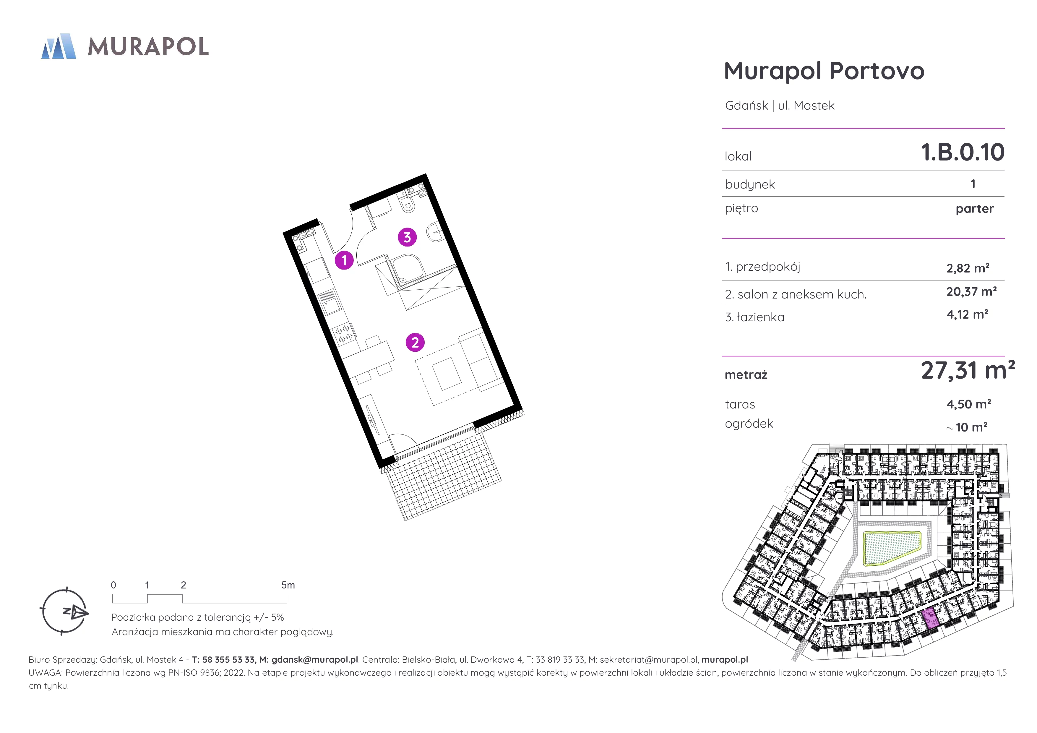 1 pokój, apartament inwestycyjny 27,31 m², parter, oferta nr 1.B.0.10, Murapol Portovo, Gdańsk, Śródmieście, ul. Mostek