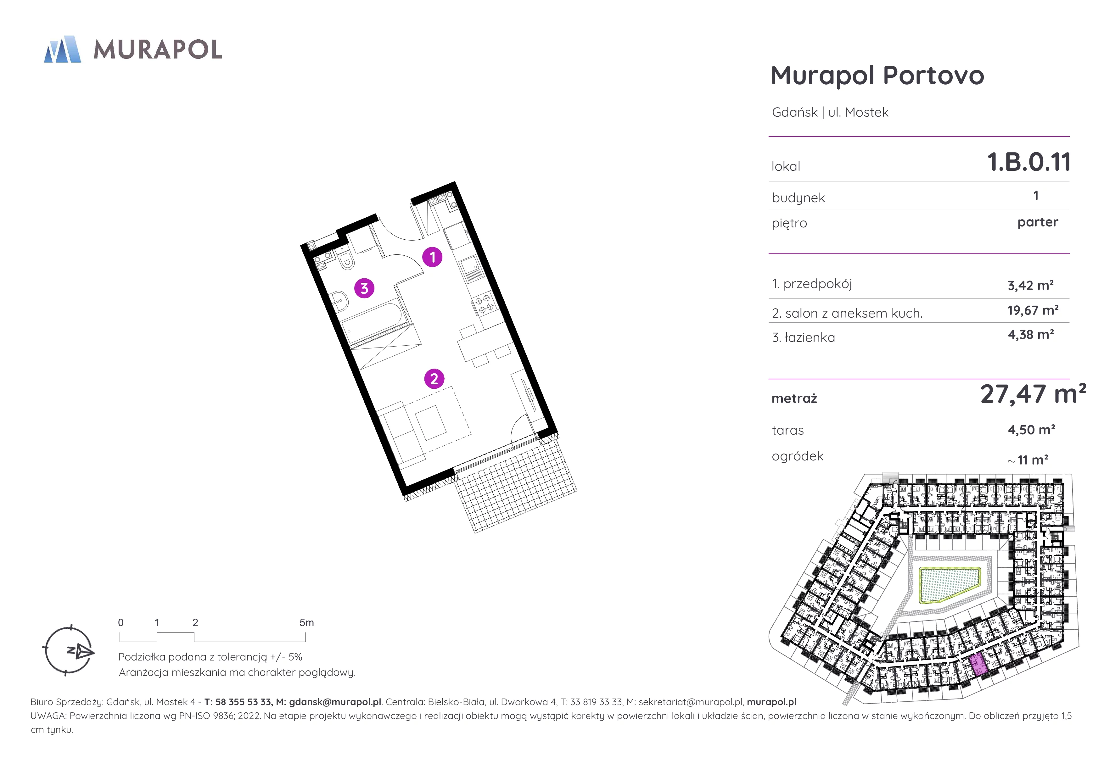 1 pokój, apartament inwestycyjny 27,47 m², parter, oferta nr 1.B.0.11, Murapol Portovo, Gdańsk, Śródmieście, ul. Mostek