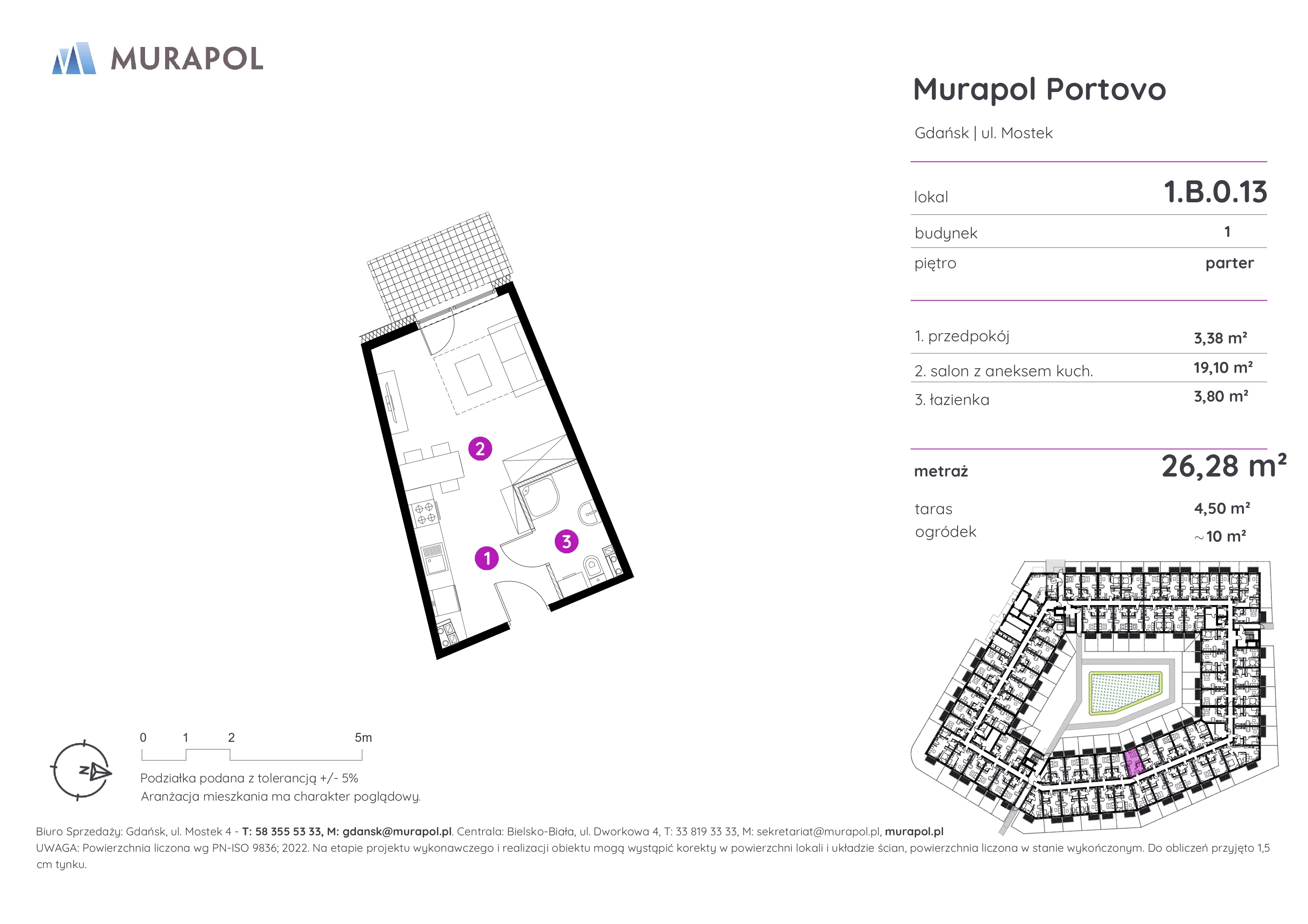 1 pokój, apartament inwestycyjny 26,28 m², parter, oferta nr 1.B.0.13, Murapol Portovo, Gdańsk, Śródmieście, ul. Mostek