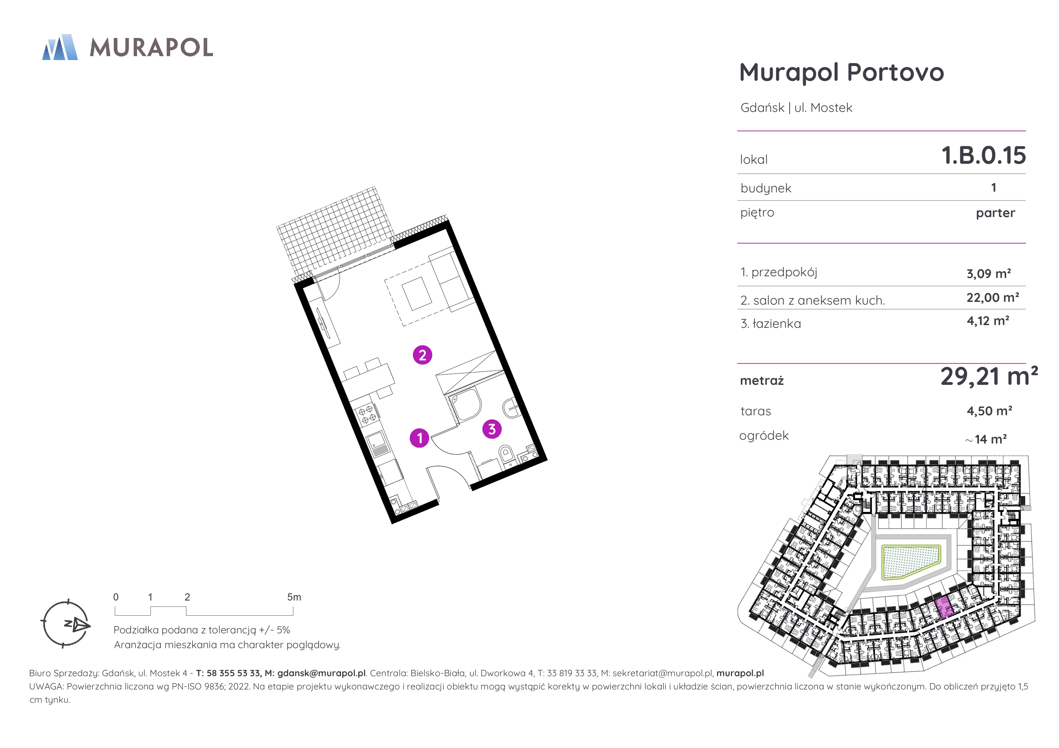 1 pokój, apartament inwestycyjny 29,21 m², parter, oferta nr 1.B.0.15, Murapol Portovo, Gdańsk, Śródmieście, ul. Mostek