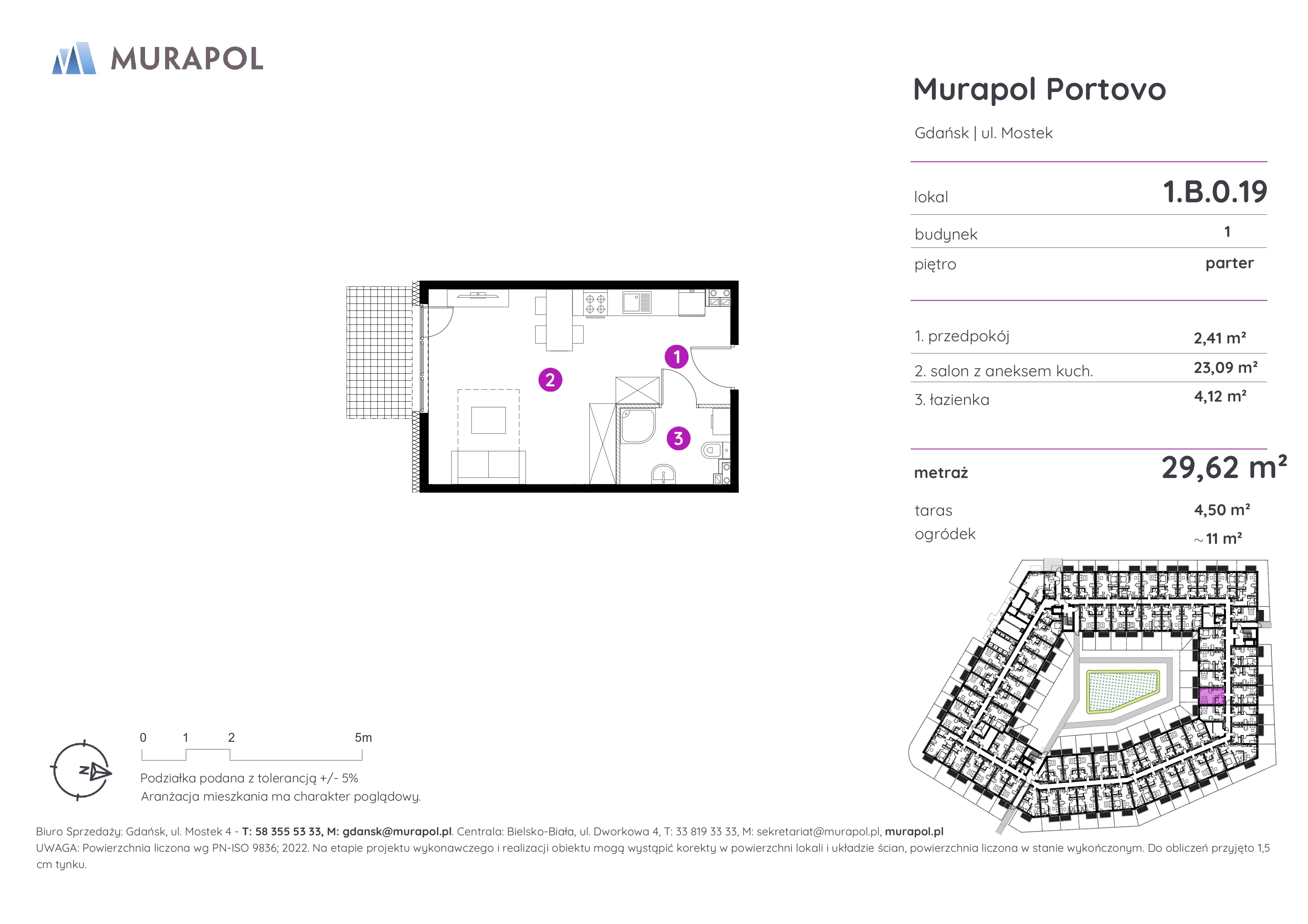 1 pokój, apartament inwestycyjny 29,62 m², parter, oferta nr 1.B.0.19, Murapol Portovo, Gdańsk, Śródmieście, ul. Mostek