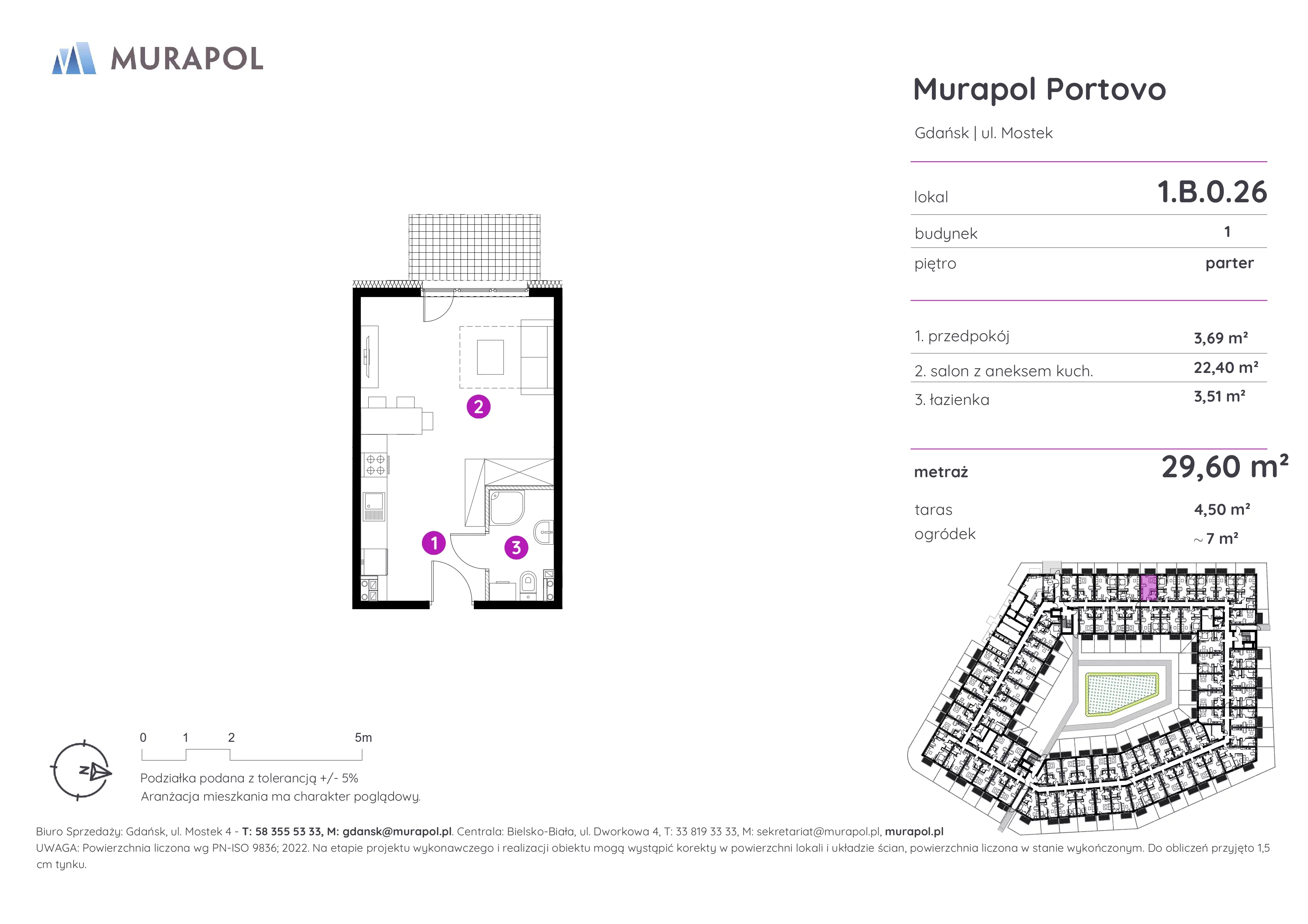 1 pokój, apartament inwestycyjny 29,60 m², parter, oferta nr 1.B.0.26, Murapol Portovo, Gdańsk, Śródmieście, ul. Mostek