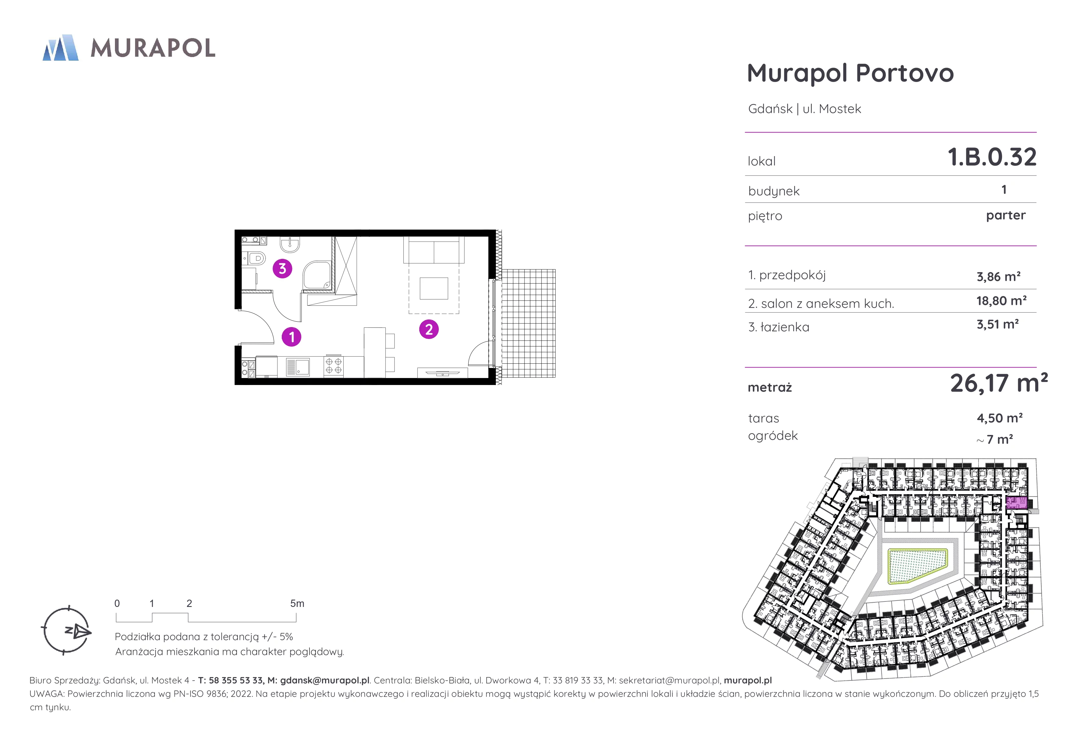 1 pokój, apartament inwestycyjny 26,17 m², parter, oferta nr 1.B.0.32, Murapol Portovo, Gdańsk, Śródmieście, ul. Mostek