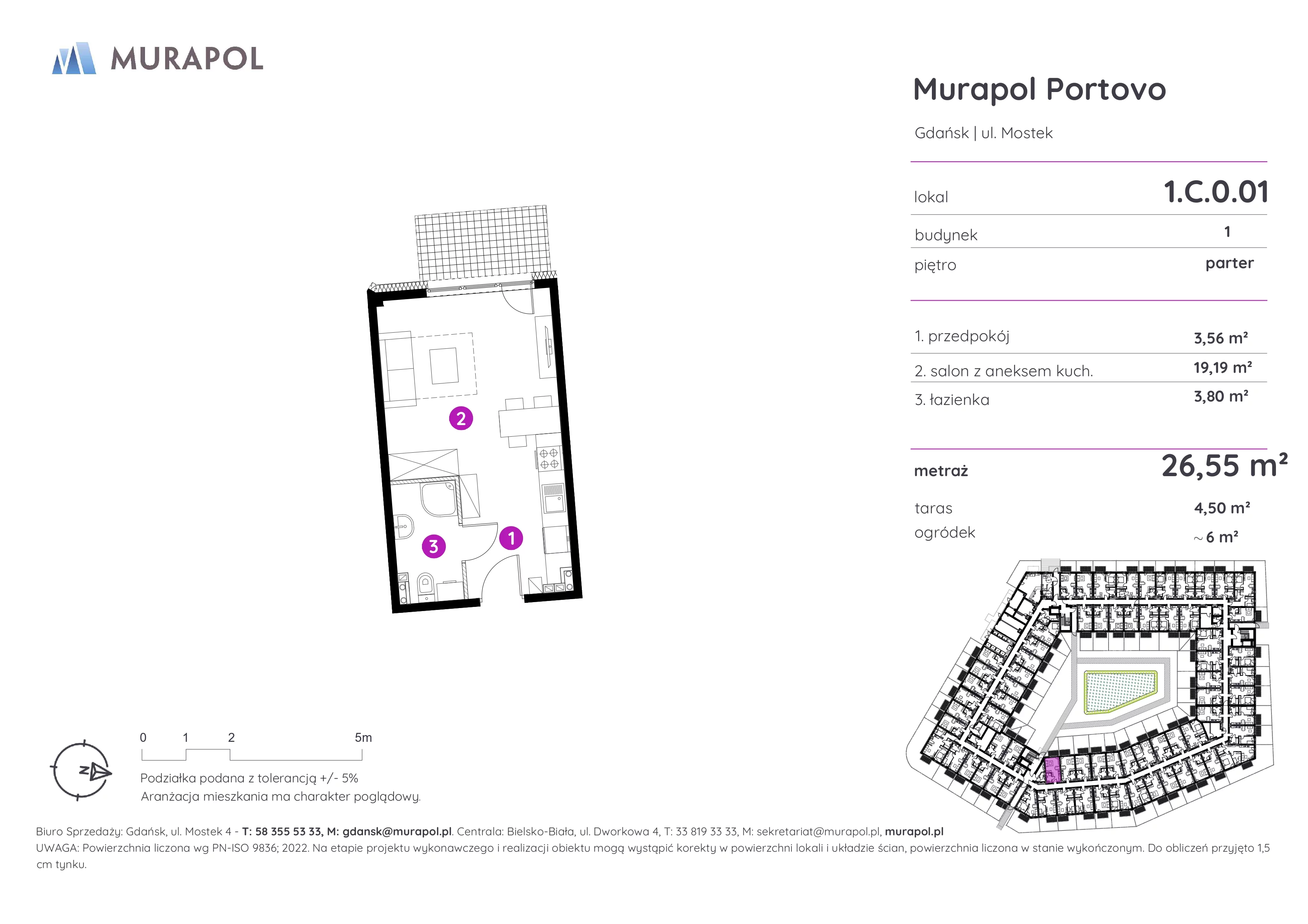 1 pokój, apartament inwestycyjny 26,55 m², parter, oferta nr 1.C.0.01, Murapol Portovo, Gdańsk, Śródmieście, ul. Mostek