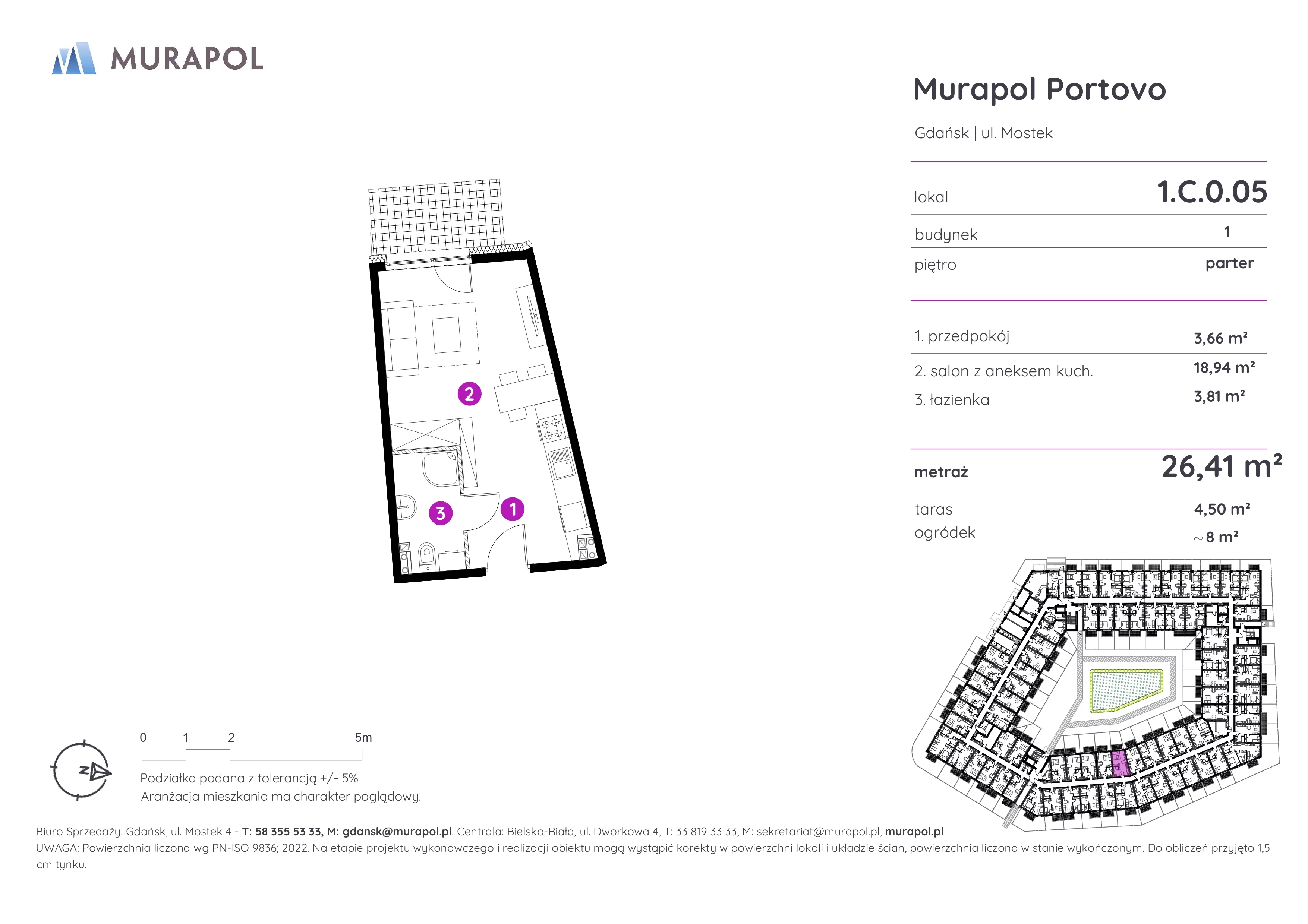 1 pokój, apartament inwestycyjny 26,41 m², parter, oferta nr 1.C.0.05, Murapol Portovo, Gdańsk, Śródmieście, ul. Mostek