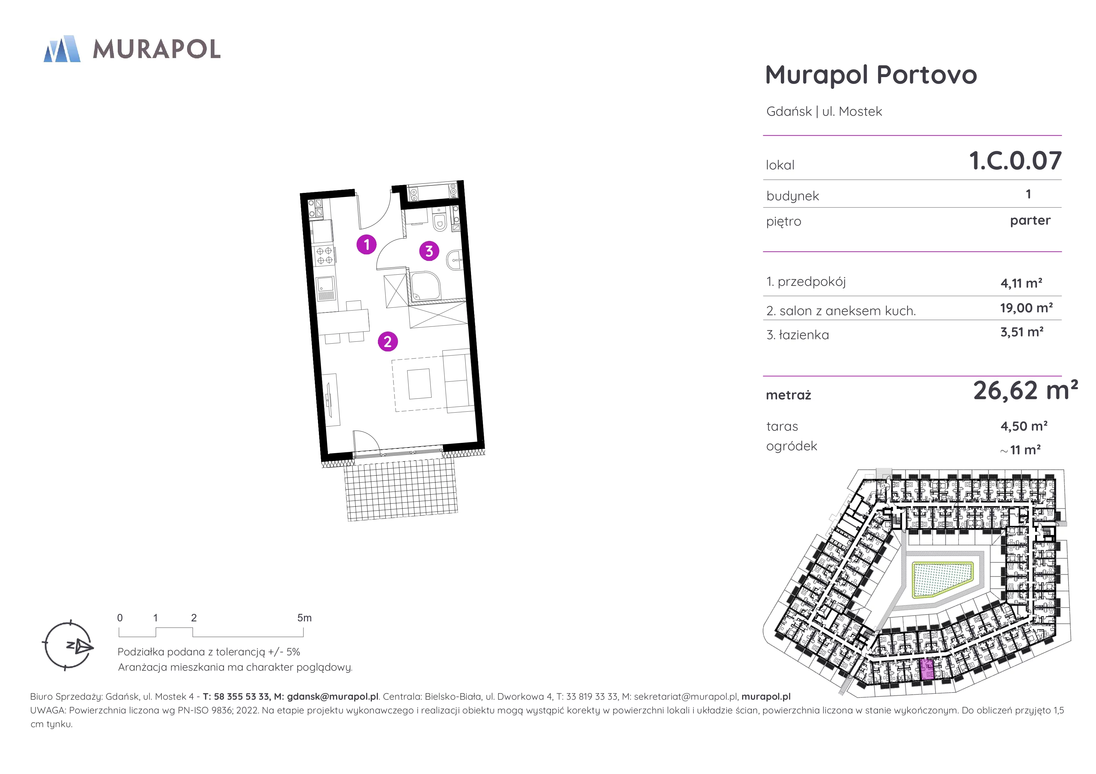 1 pokój, apartament inwestycyjny 26,62 m², parter, oferta nr 1.C.0.07, Murapol Portovo, Gdańsk, Śródmieście, ul. Mostek