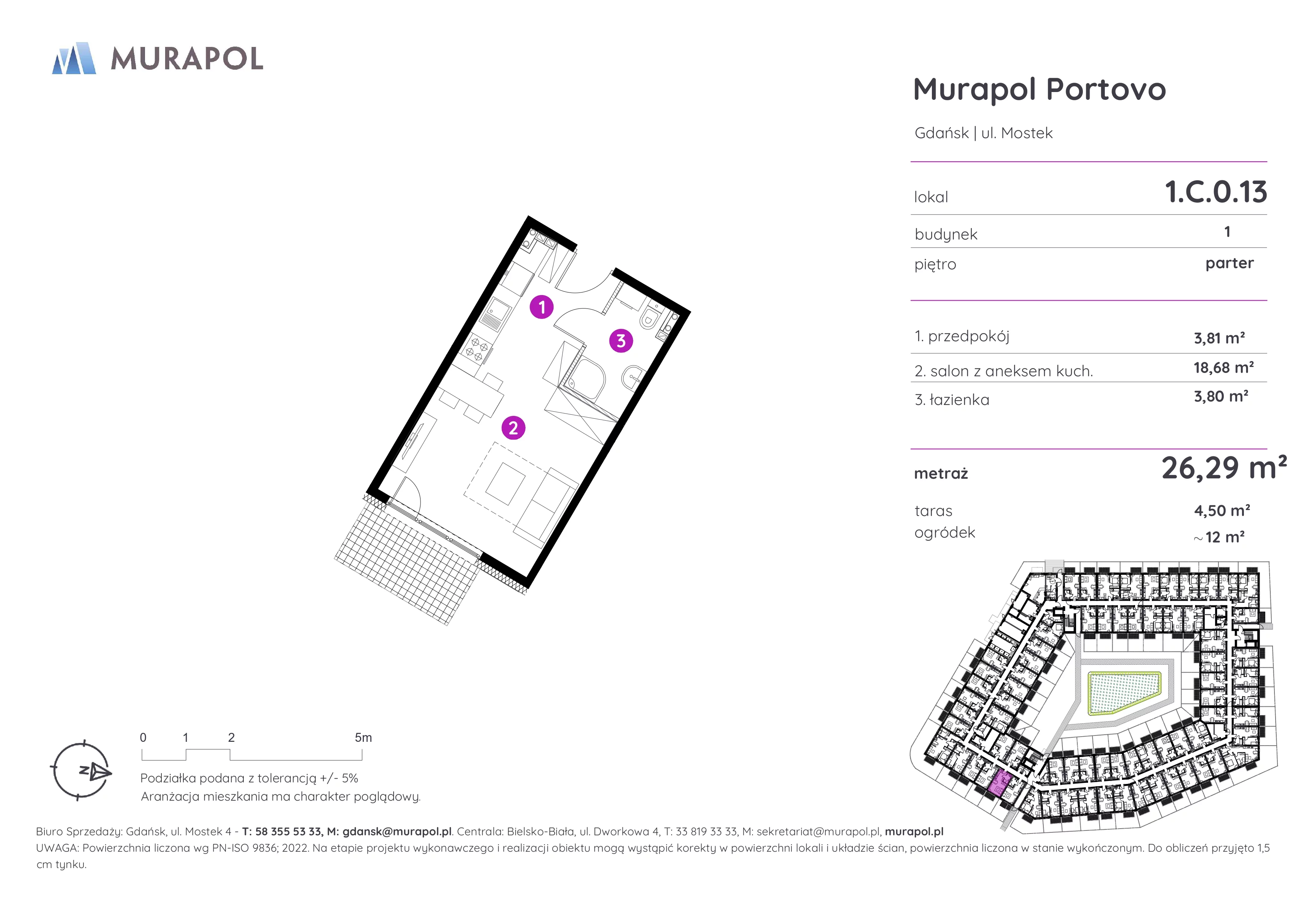 1 pokój, apartament inwestycyjny 26,29 m², parter, oferta nr 1.C.0.13, Murapol Portovo, Gdańsk, Śródmieście, ul. Mostek