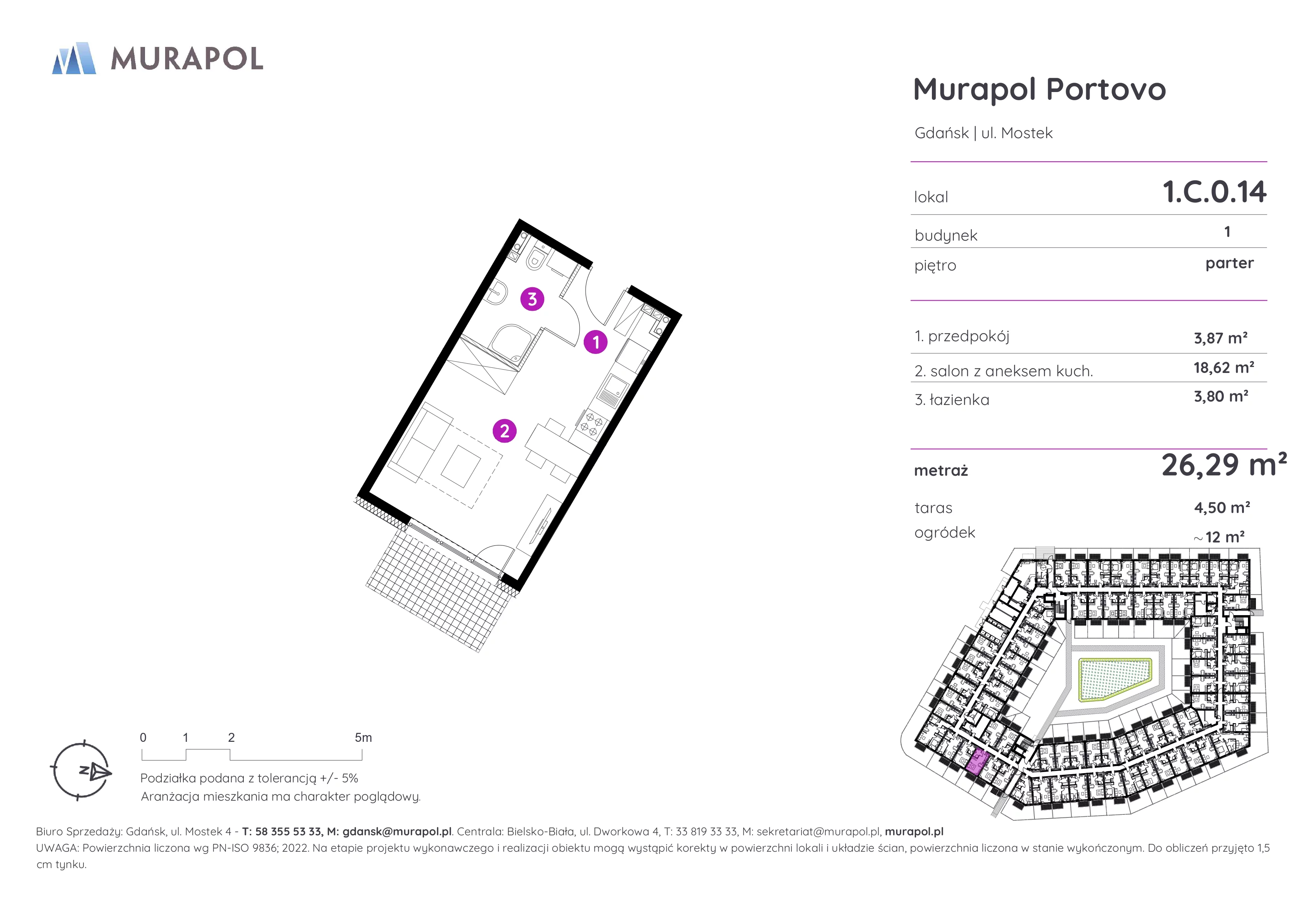 1 pokój, apartament inwestycyjny 26,29 m², parter, oferta nr 1.C.0.14, Murapol Portovo, Gdańsk, Śródmieście, ul. Mostek